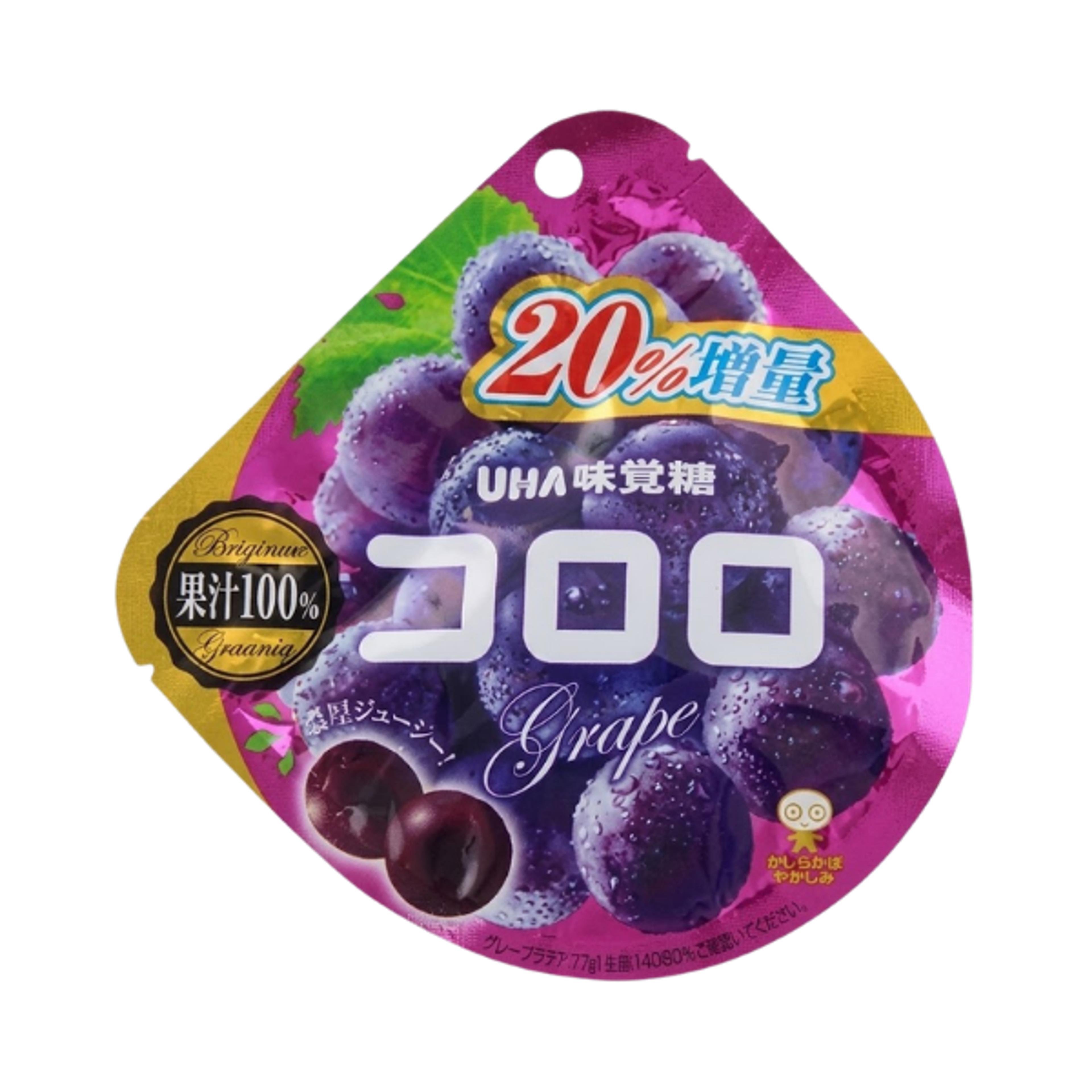 Vorderansicht der UHA Mikakuto Kororo Violette Trauben Gummibonbons 48g Packung: Zeigt die attraktive Verpackung mit Bildern der Gummibonbons und den Markendetails.