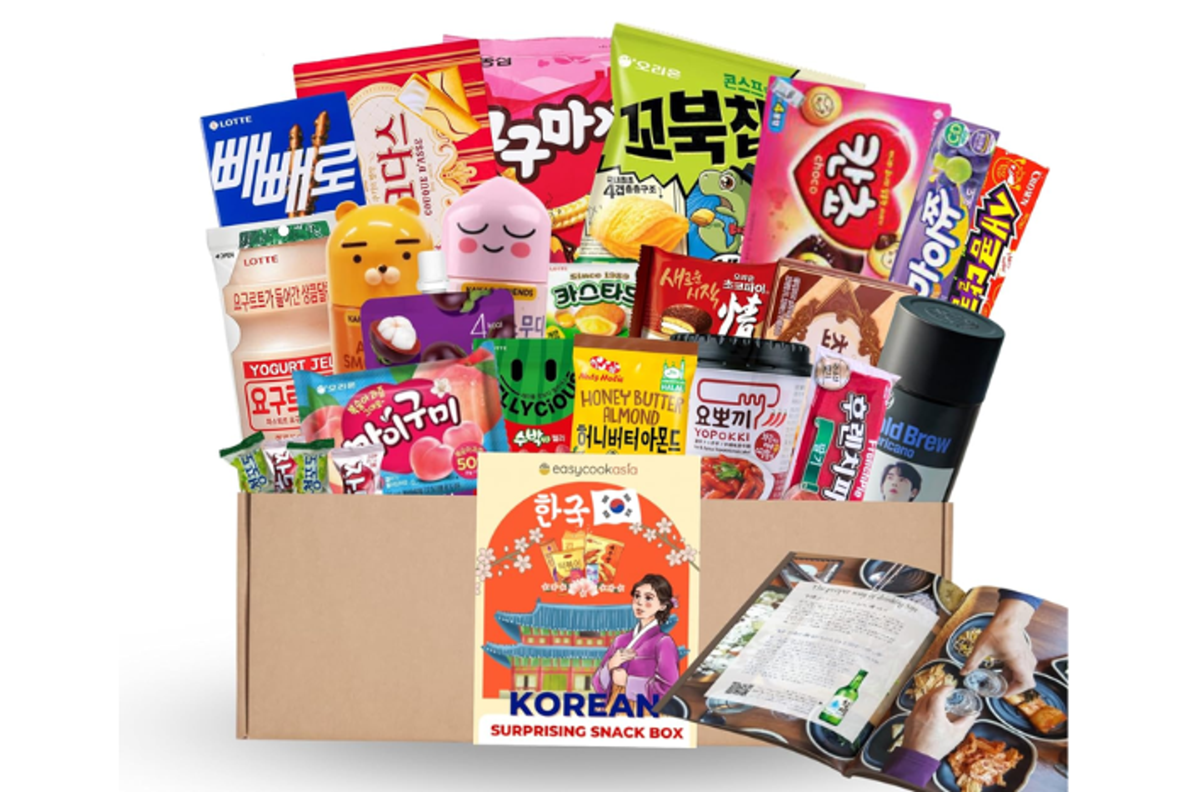 Vorderansicht der Korea Surprise Snack Box L (25set) mit koreanischen Snacks.