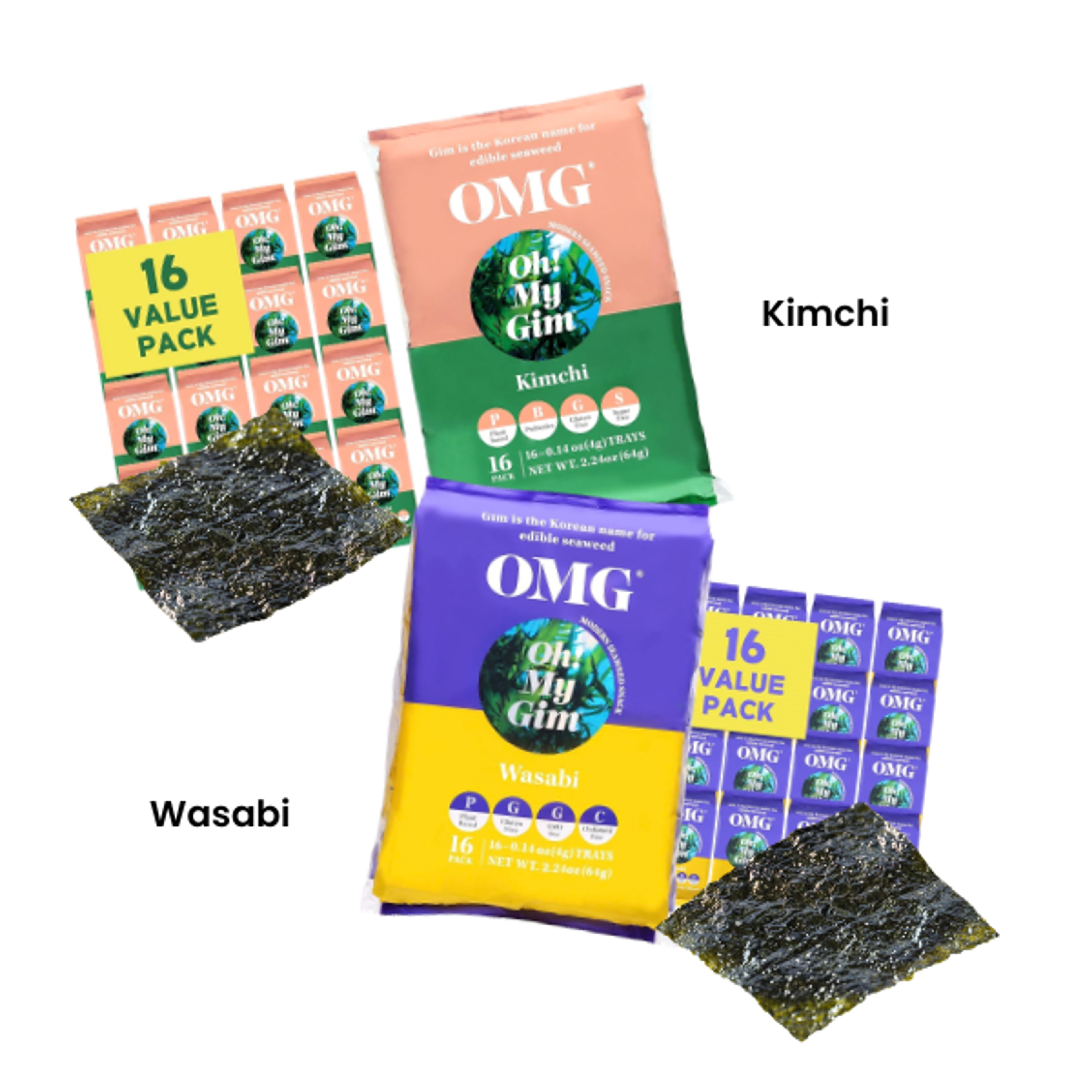 Oh! My Gim Seetang Snack 2er Set mit den Geschmacksrichtungen Kimchi und Wasabi.
