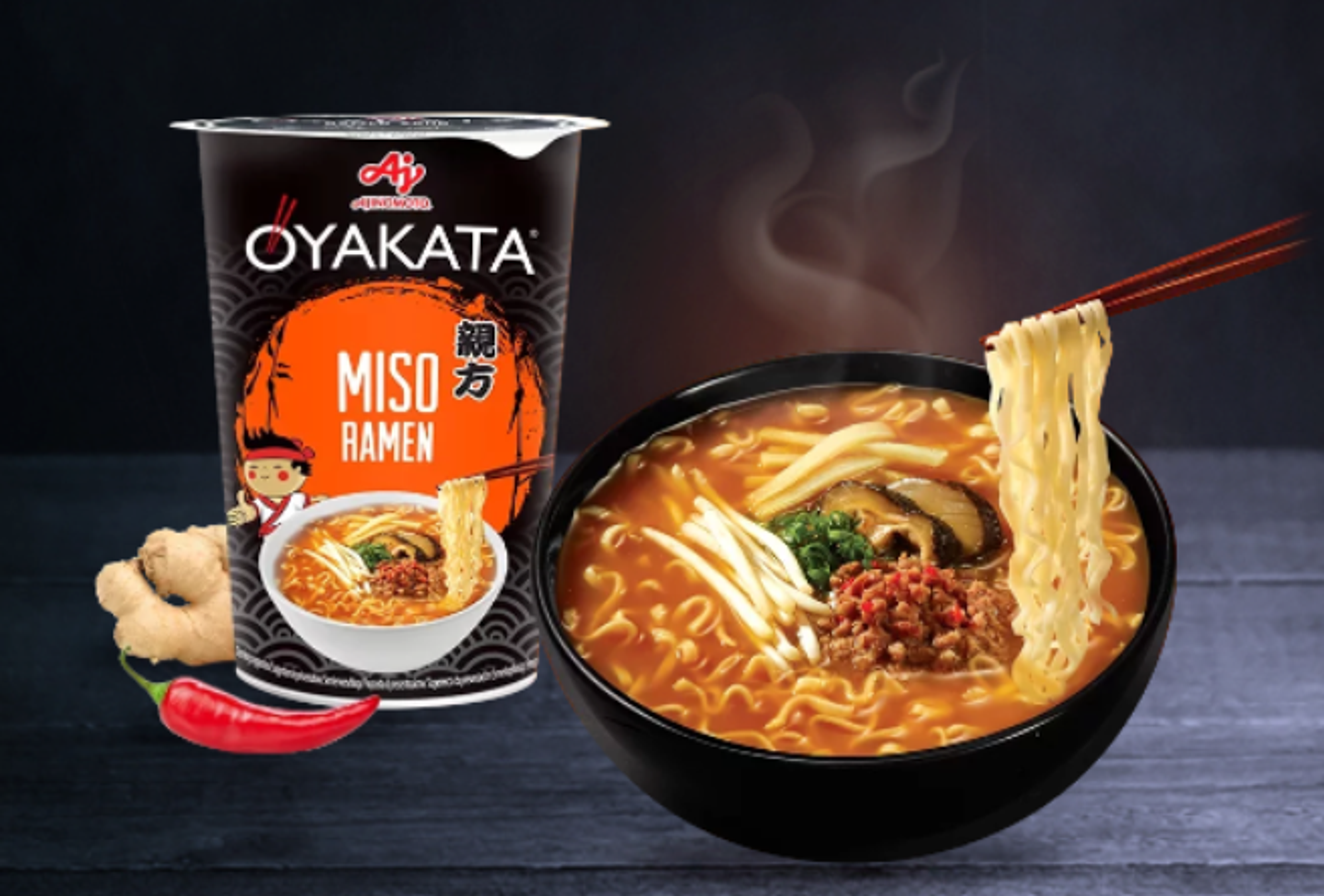 Vorderansicht des OYAKATA Miso Ramen Cups – zeigt das minimalistische und moderne Design