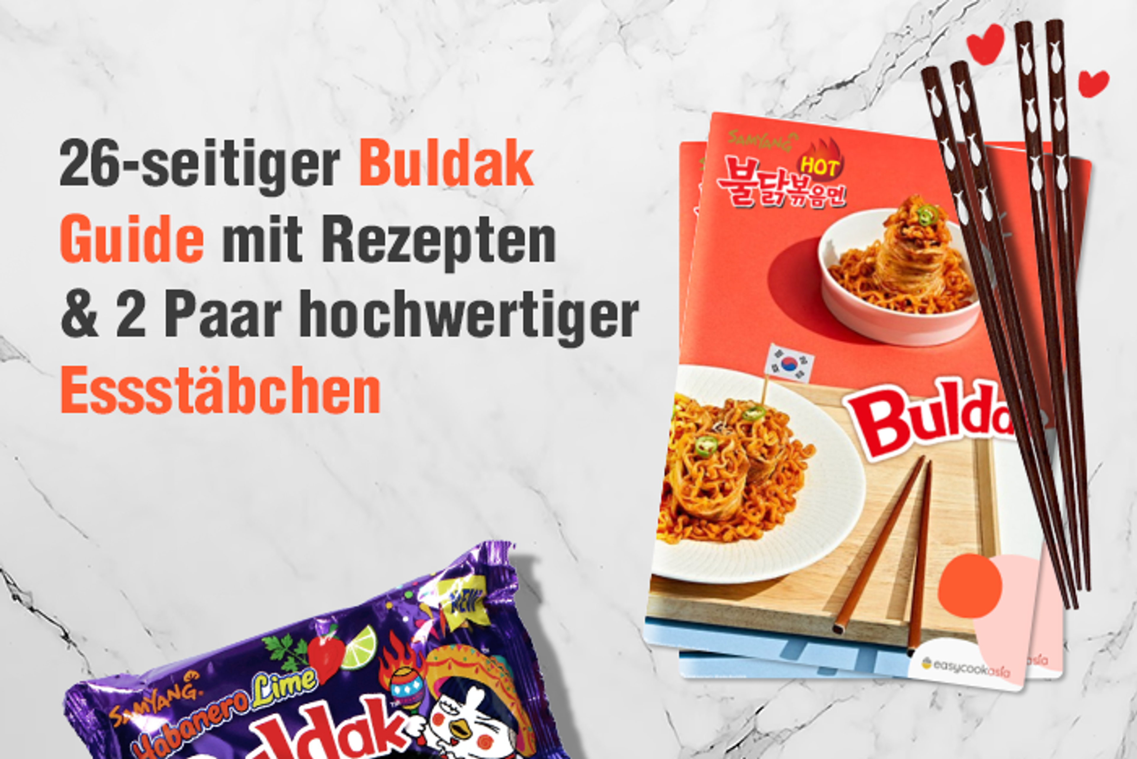 Buldak Hot Chicken 7er Probe Set - 26-seitiger Buldak Guide mit Rezepten & 2 Paar hochwertiger Essstäbchen 