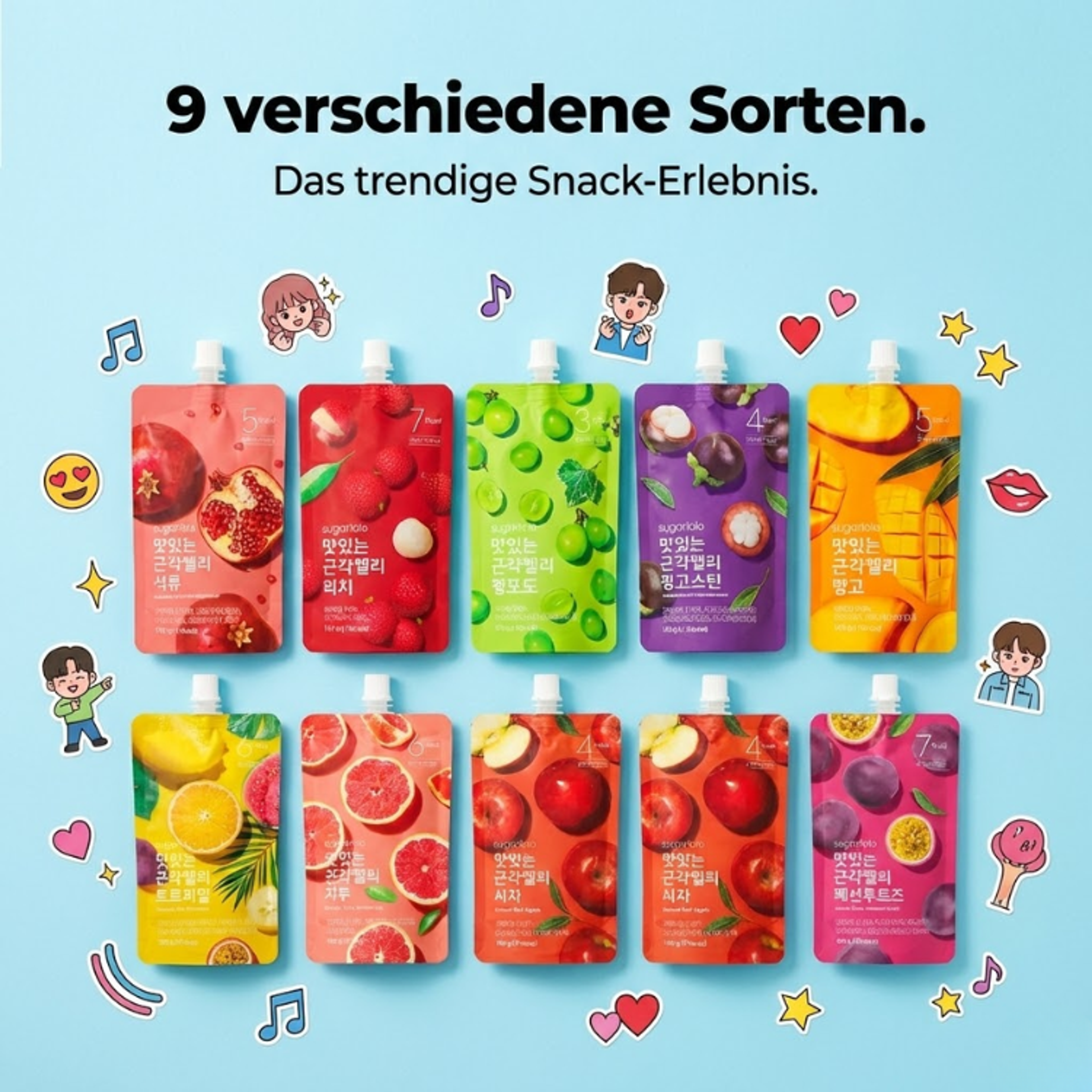 Verschiedene Konjac Jelly Packs nebeneinander.