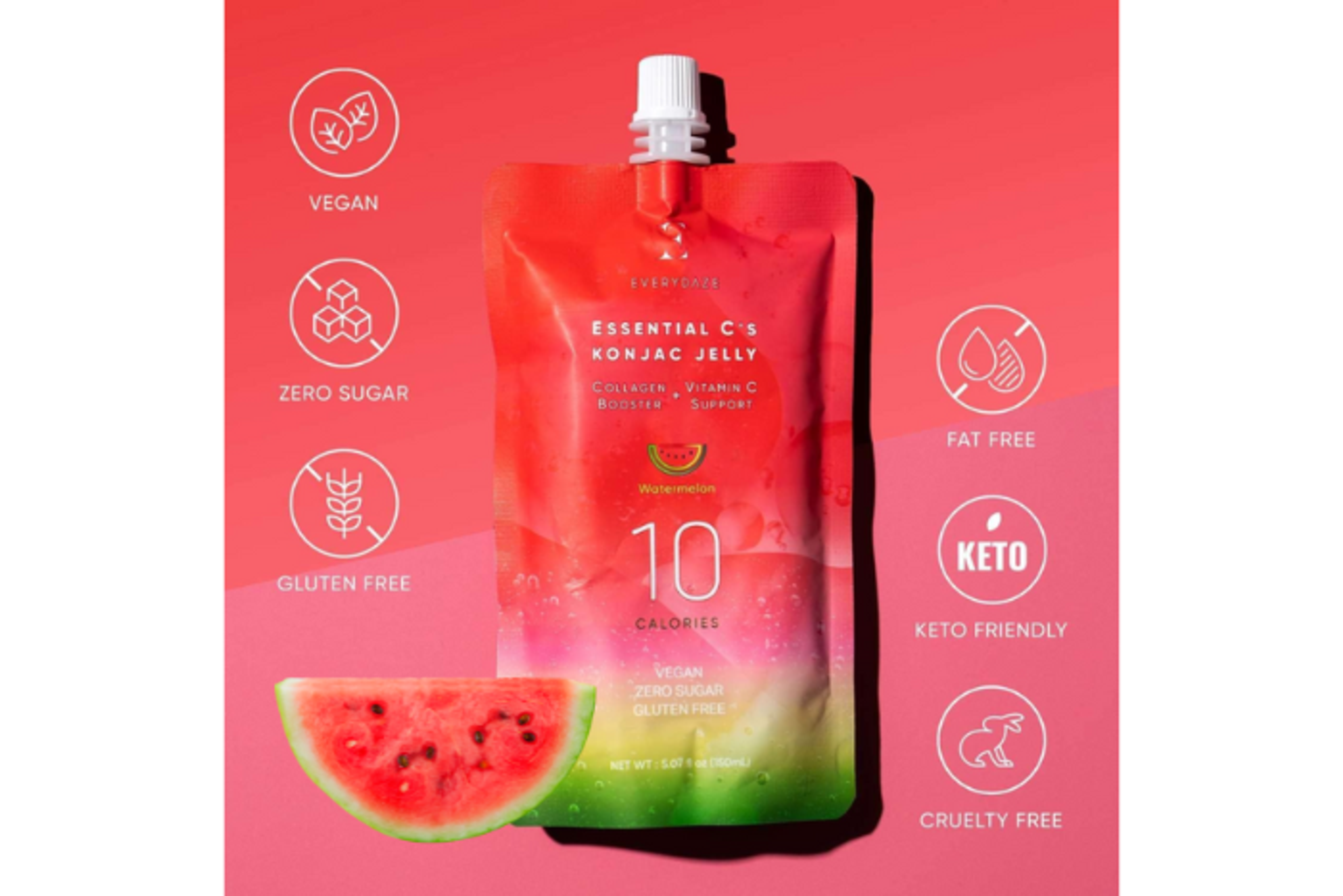 Vorderansicht der EVERYDAZE Essential C’s Konjac Jelly Wassermelone 150ml Flasche: Zeigt das ansprechende Design und die Größe.