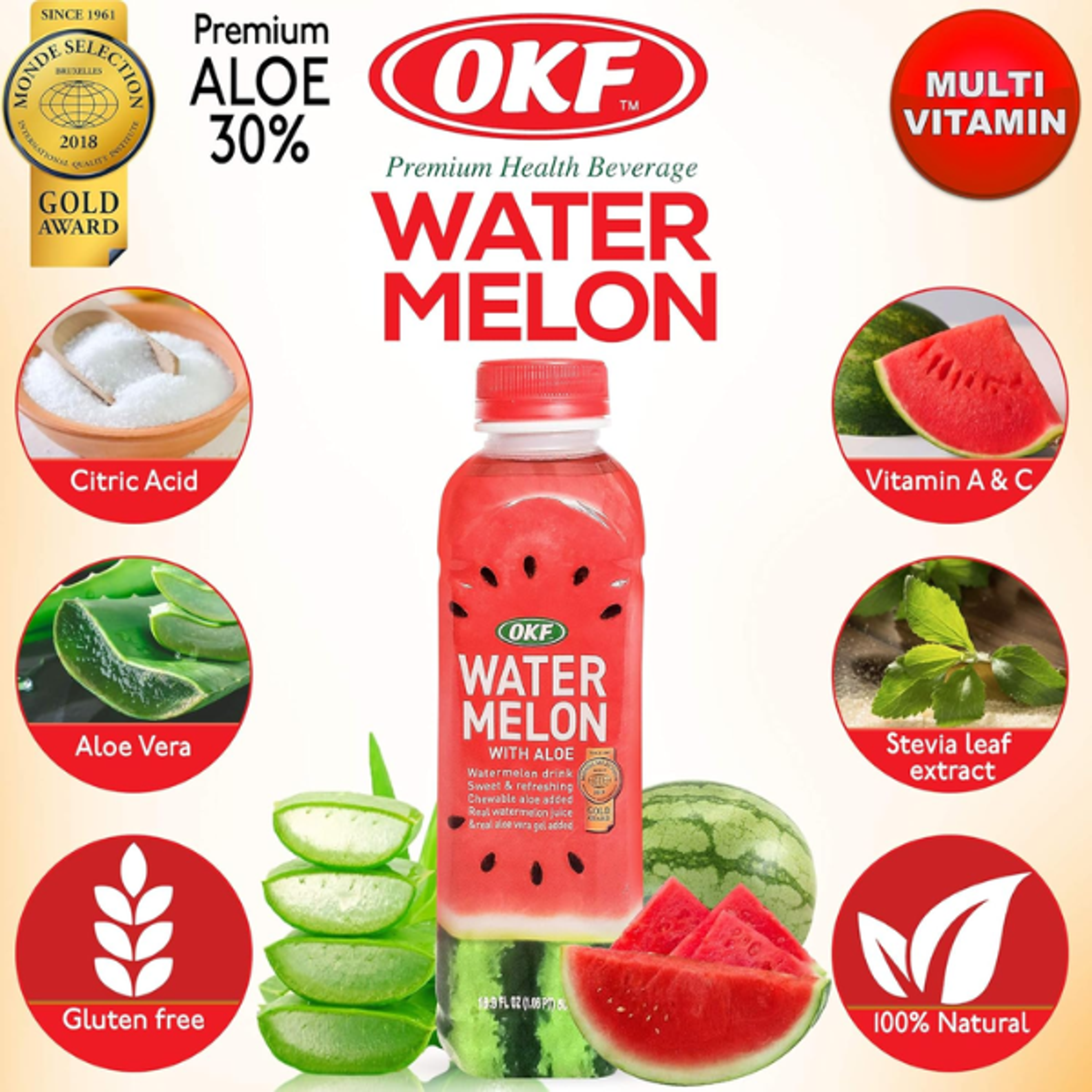 Vorderansicht der OKF Aloe Vera Drink Watermelon 500ml Flasche: Zeigt das sommerliche Design mit Wassermelonen- und Aloe-Vera-Inhalten