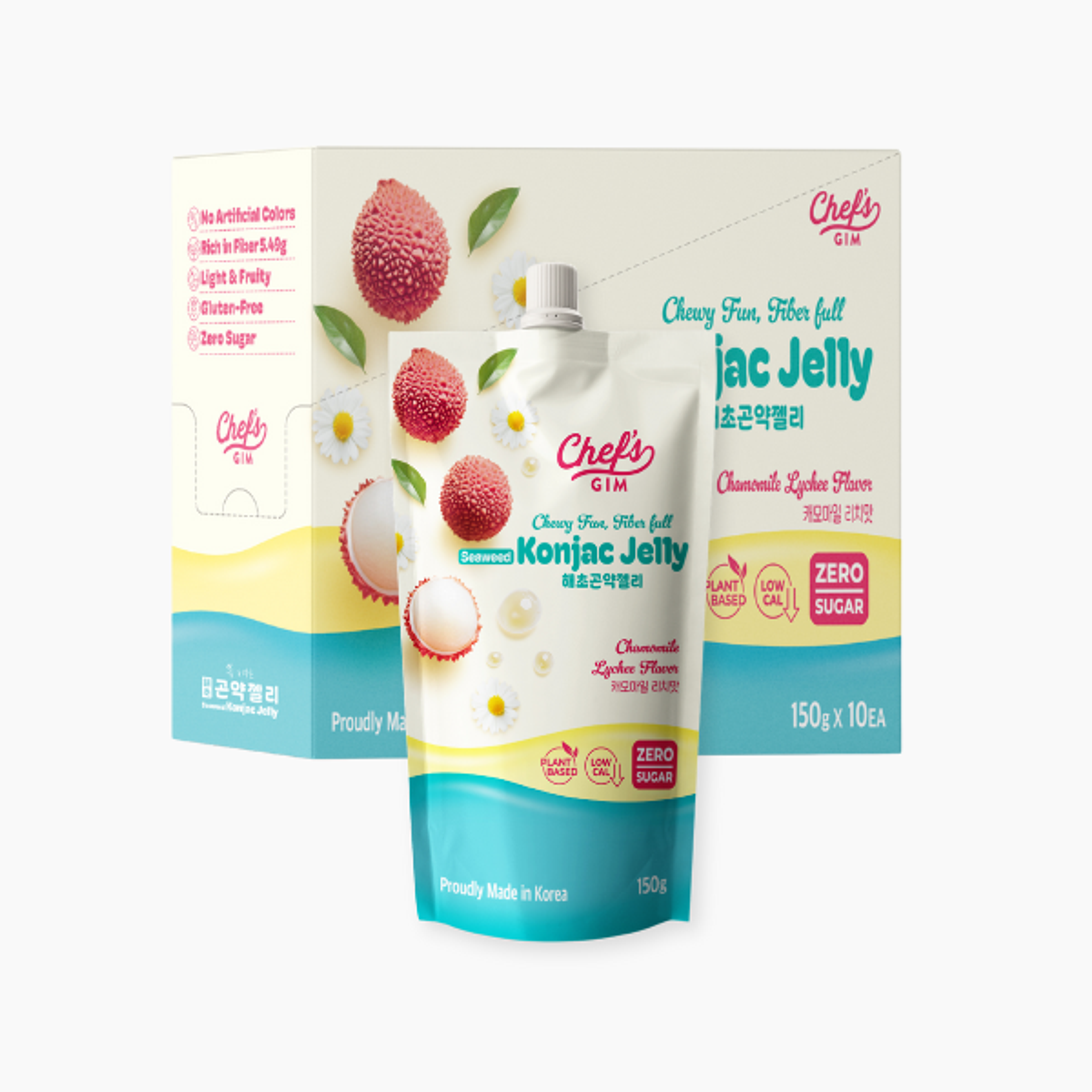 Chef’s Gim Konjak-Getränkegelee | 10er Set à 150g | Vegan, Kalorienarm, zuckerfrei & ballaststoffreich | 3 Sorten: Pfirsich-Schwarztee, Kamille-Litschi, Lavendel-Apfel-Mango (Kamille-Litschi)