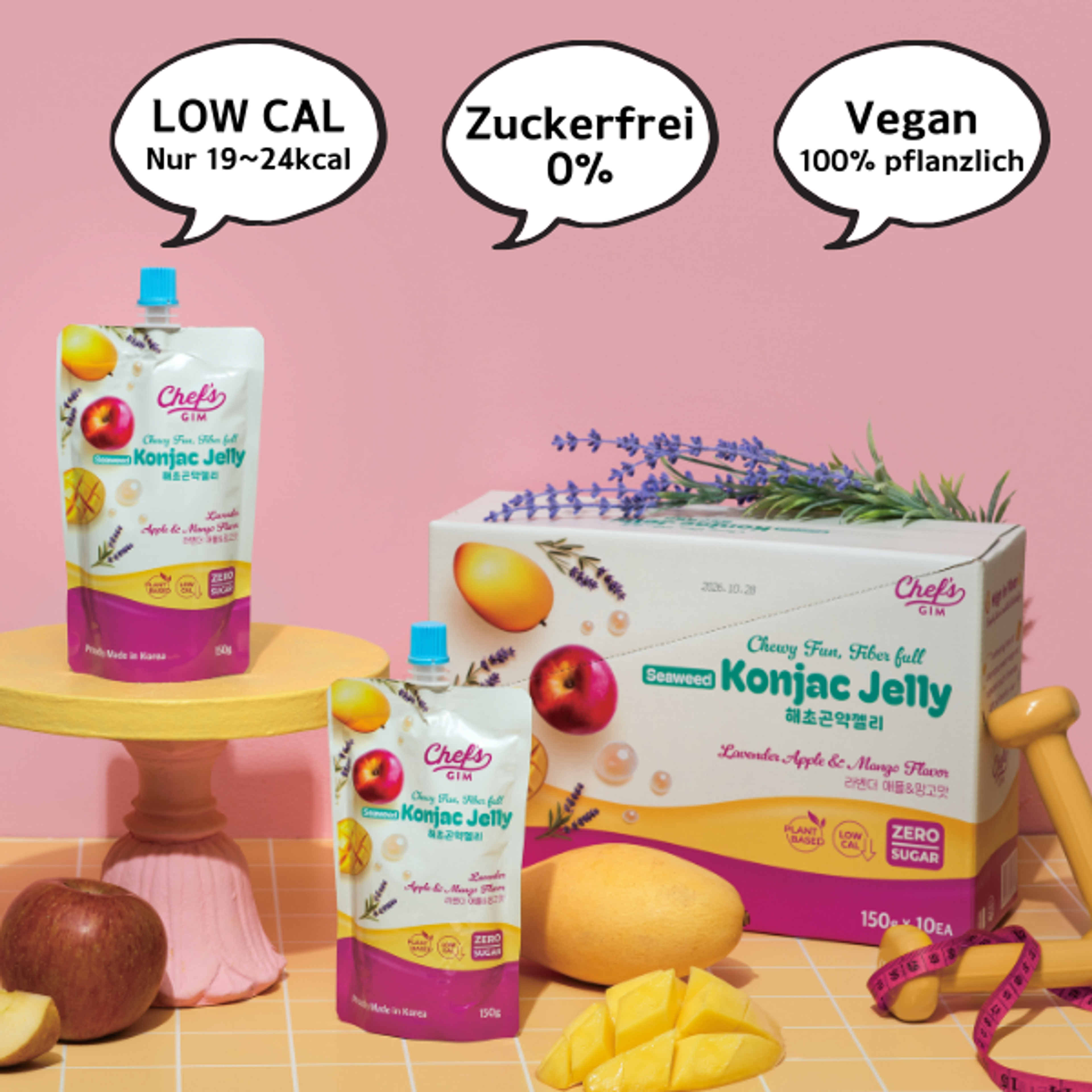 Chef’s Gim Konjak-Getränkegelee | 10er Set à 150g | Vegan, Kalorienarm, zuckerfrei & ballaststoffreich | 3 Sorten: Pfirsich-Schwarztee, Kamille-Litschi, Lavendel-Apfel-Mango (Lavendel-Apfel-Mango)