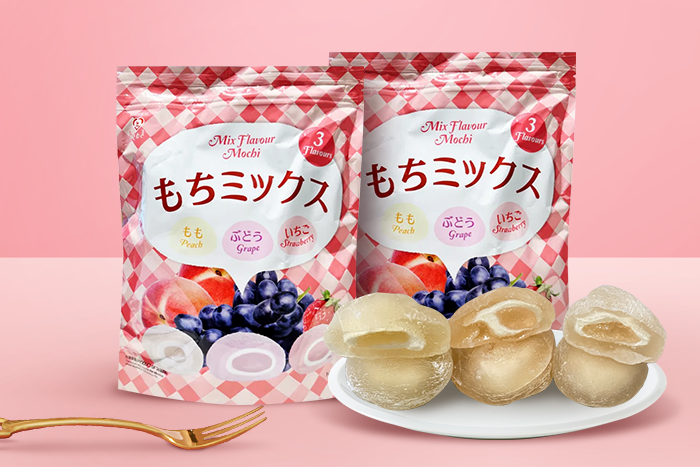 Verpackung von Tokimeki Mochi Mixed mit Pfirsich, Traube und Erdbeere