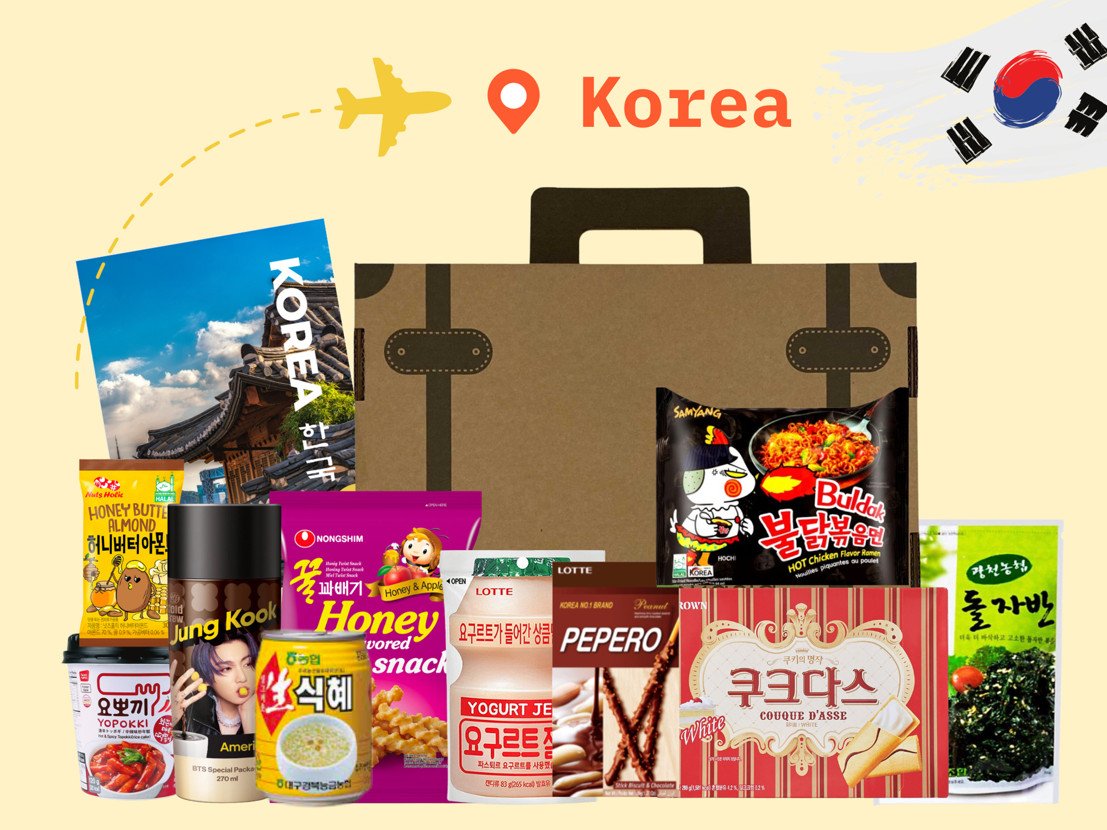 Vorderansicht der Korea Surprise Snack Box M (20set) mit koreanischen Snacks.