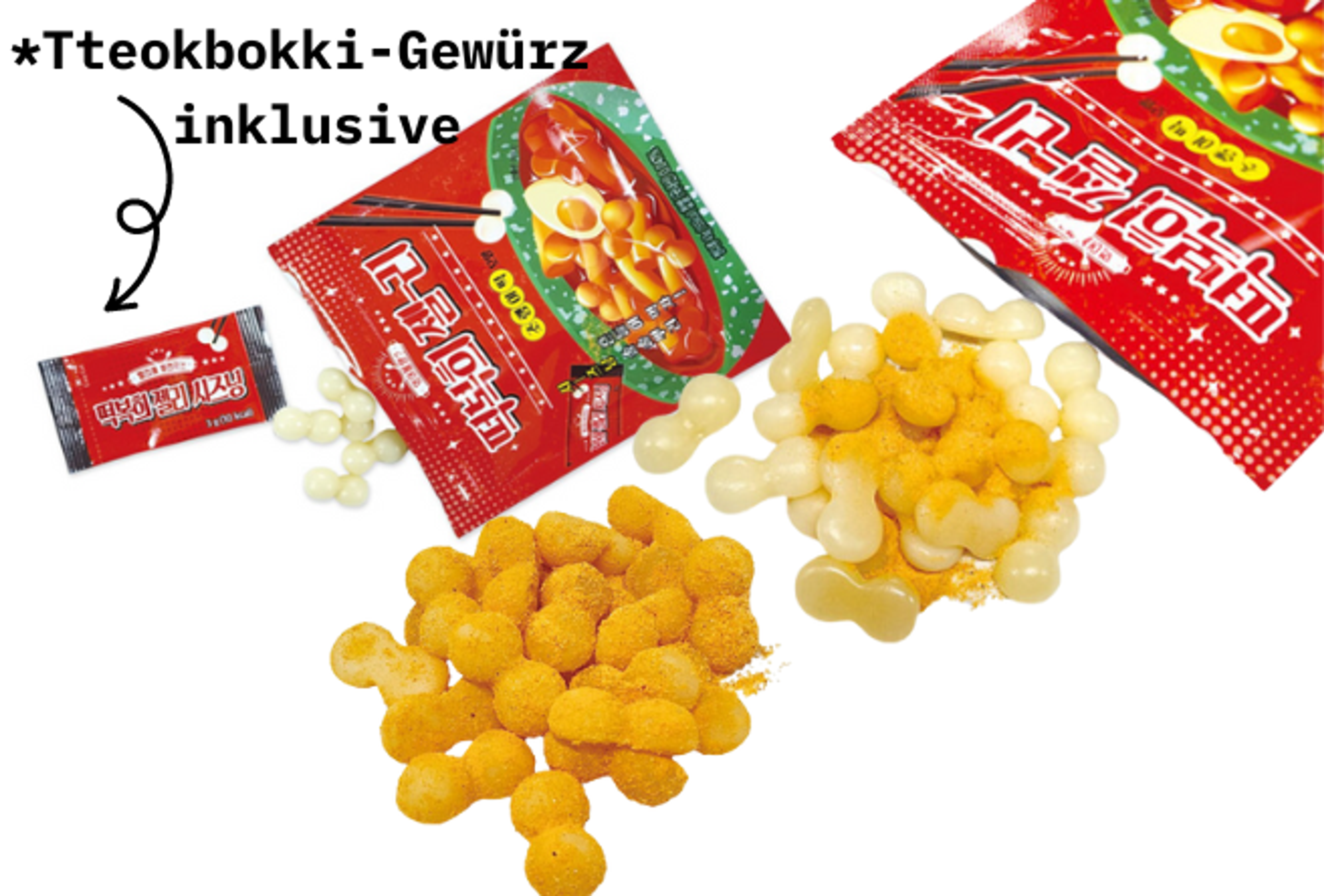 Vorderansicht der Tteokbokki Gelee 43g Packung: Zeigt die auffällige, rote Verpackung und das enthaltene Gewürz