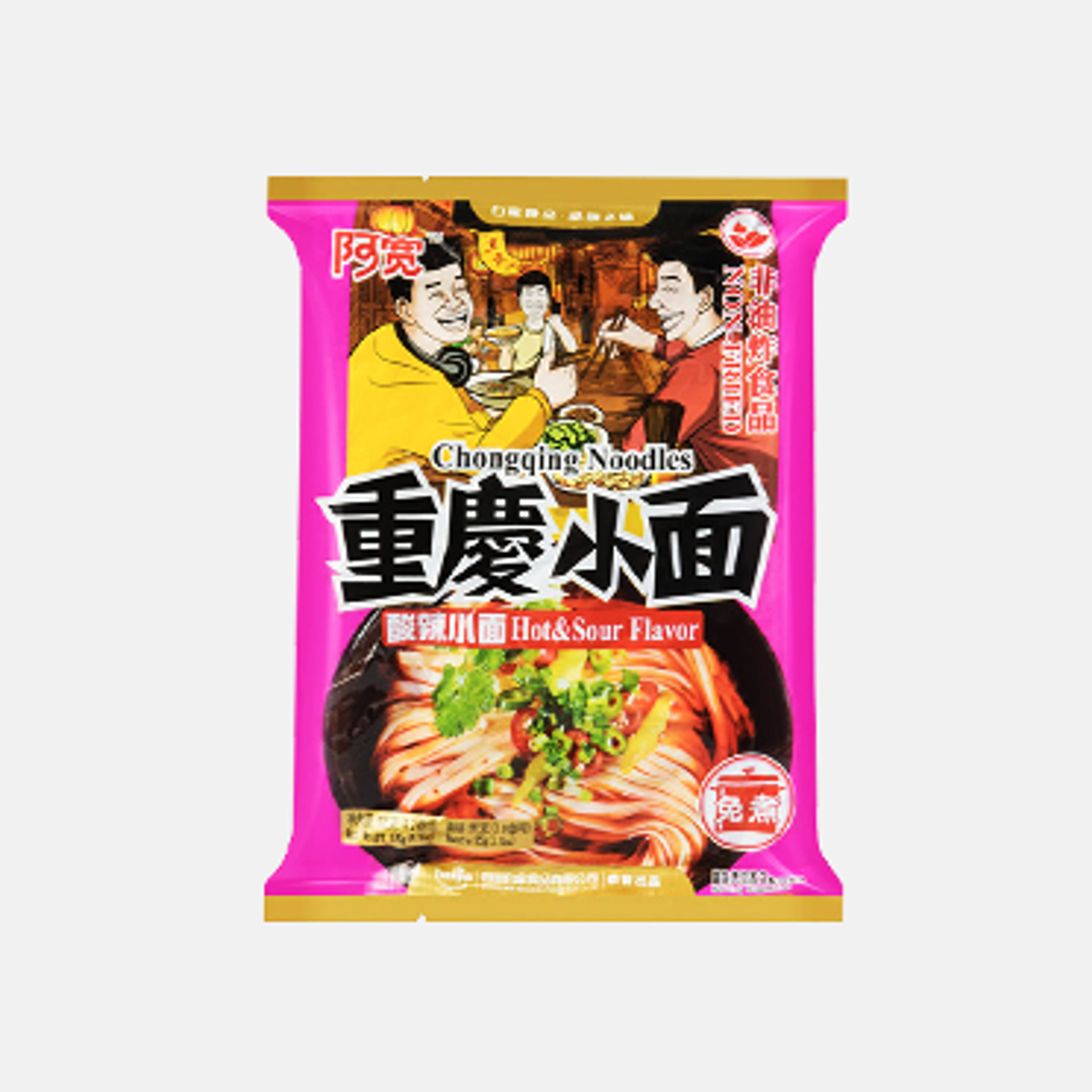 Baijia A-Kuan Chongqing Nudeln Hot Sour 110g Verpackung – zeigt das lebendige und farbenfrohe Design, das die Schärfe und Säure hervorhebt