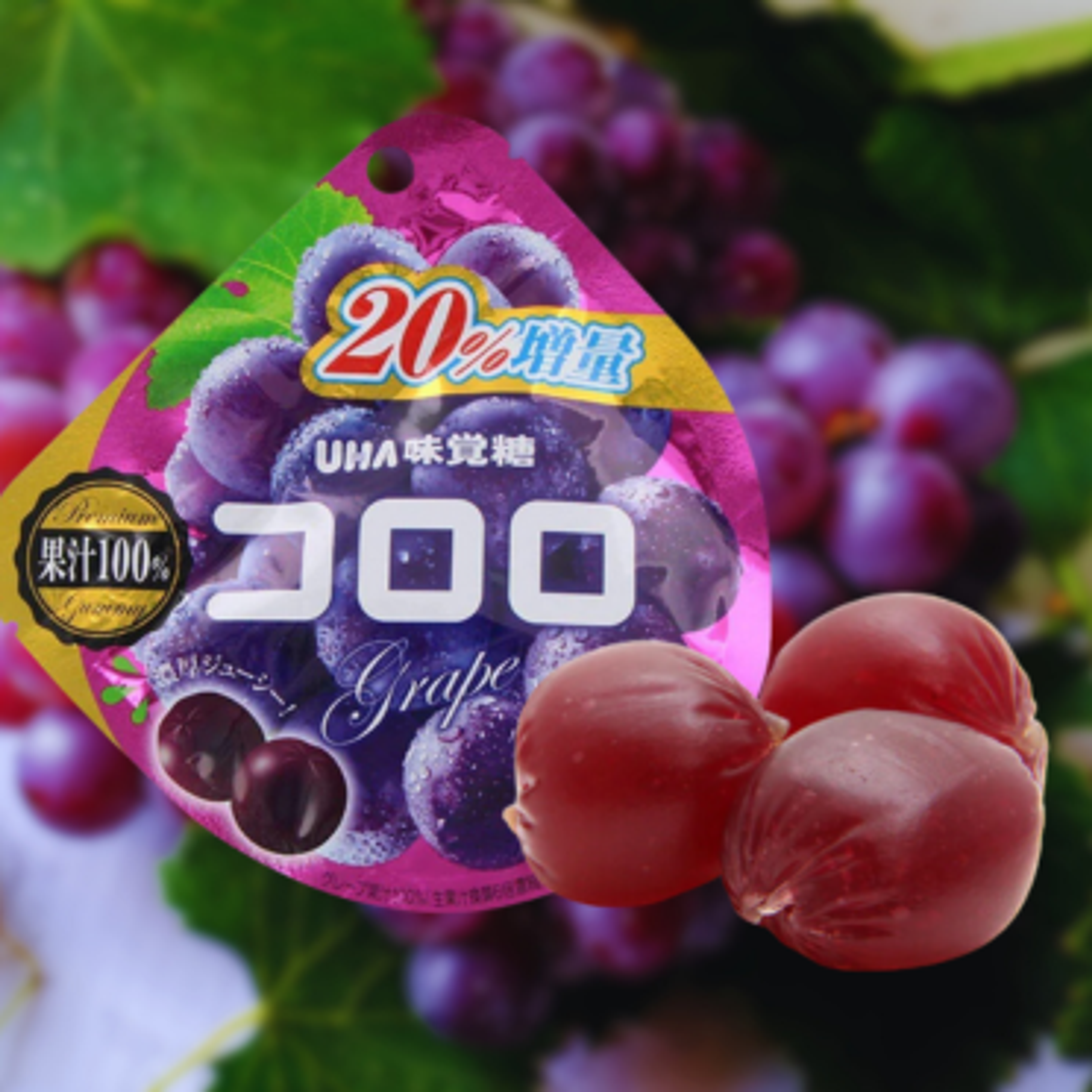 Vorderansicht der UHA Mikakuto Kororo Violette Trauben Gummibonbons 48g Packung: Zeigt die attraktive Verpackung mit Bildern der Gummibonbons und den Markendetails.