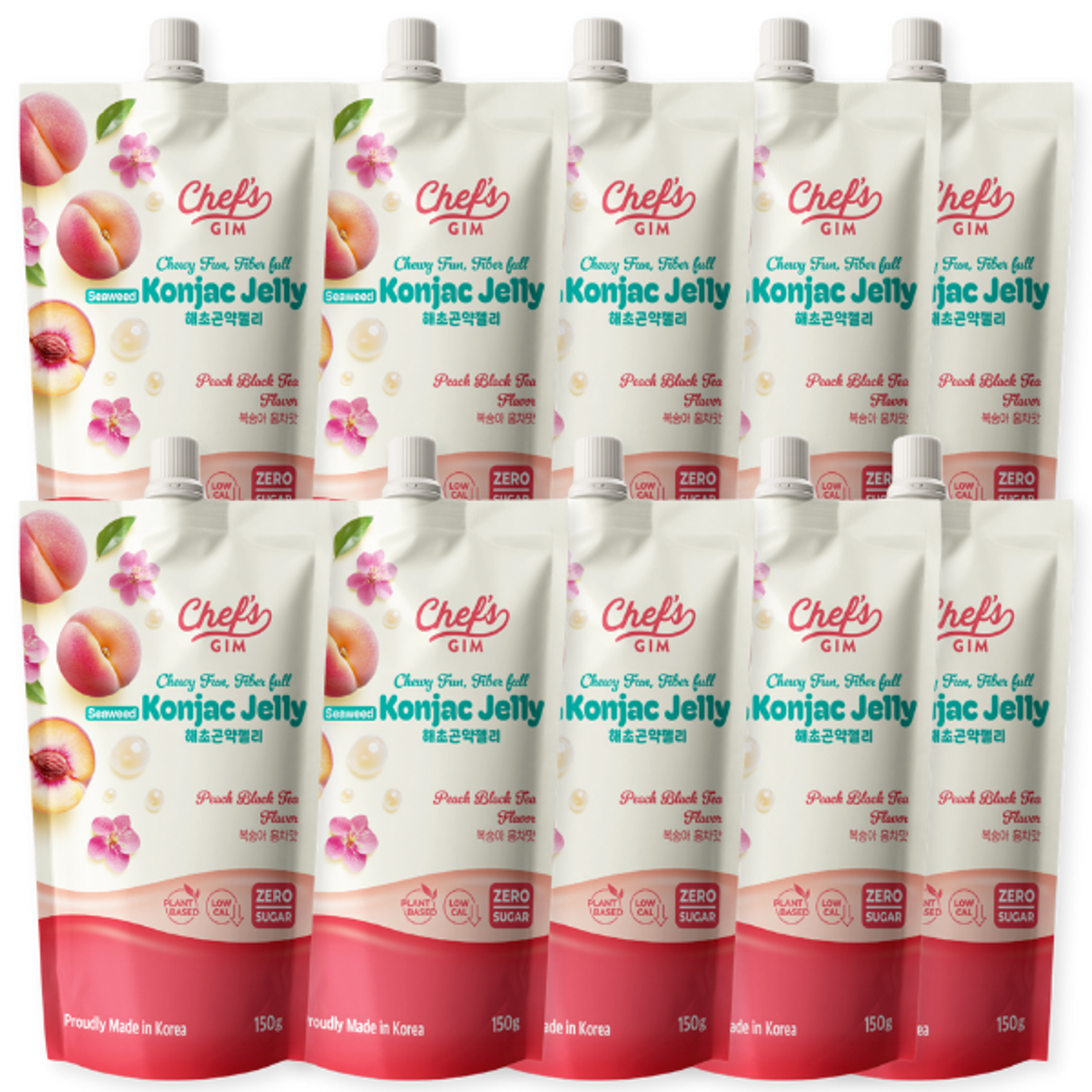 Chef’s Gim Konjak-Getränkegelee | 10er Set à 150g | Vegan, Kalorienarm, zuckerfrei & ballaststoffreich | 3 Sorten: Pfirsich-Schwarztee, Kamille-Litschi, Lavendel-Apfel-Mango (Pfirsich-Schwarztee)