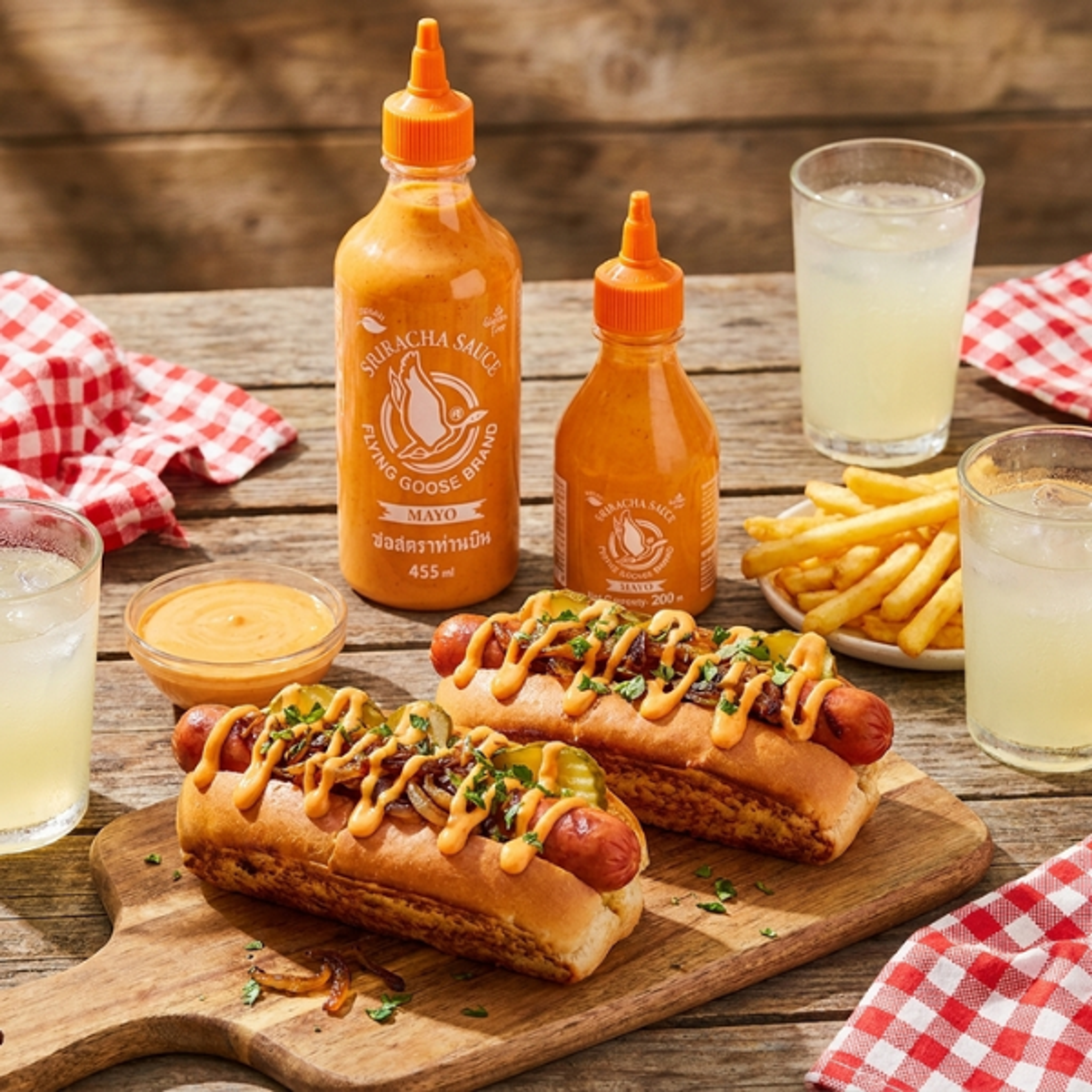 Hand-hält-geöffnete-Flasche-von-FLYING-GOOSE-Sriracha-Mayo-mit-herausfließender-cremiger-Sauce