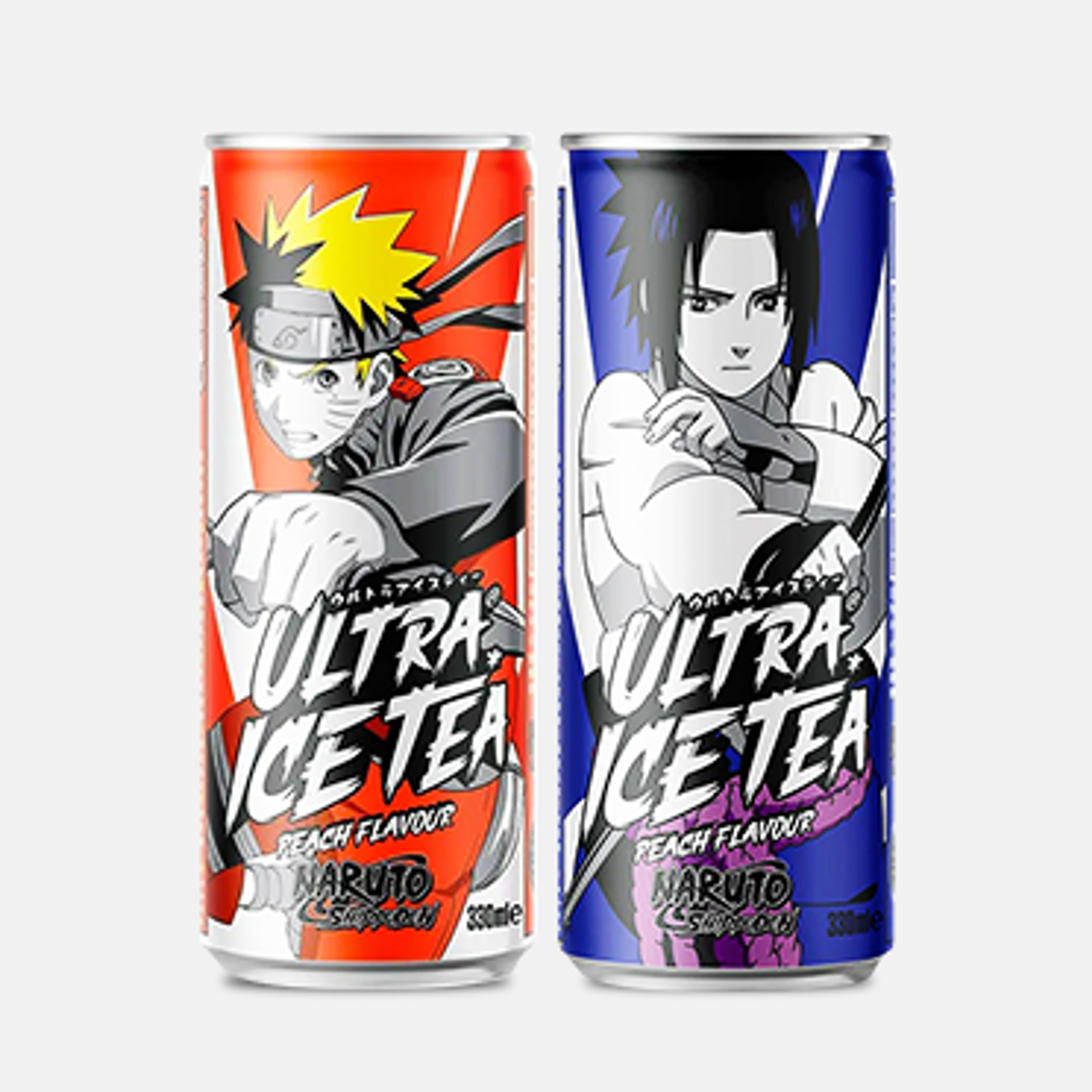 Naruto Ultra Ice Tea Peach Flavour 330ml - Naruto Eistee neben Manga-Büchern.