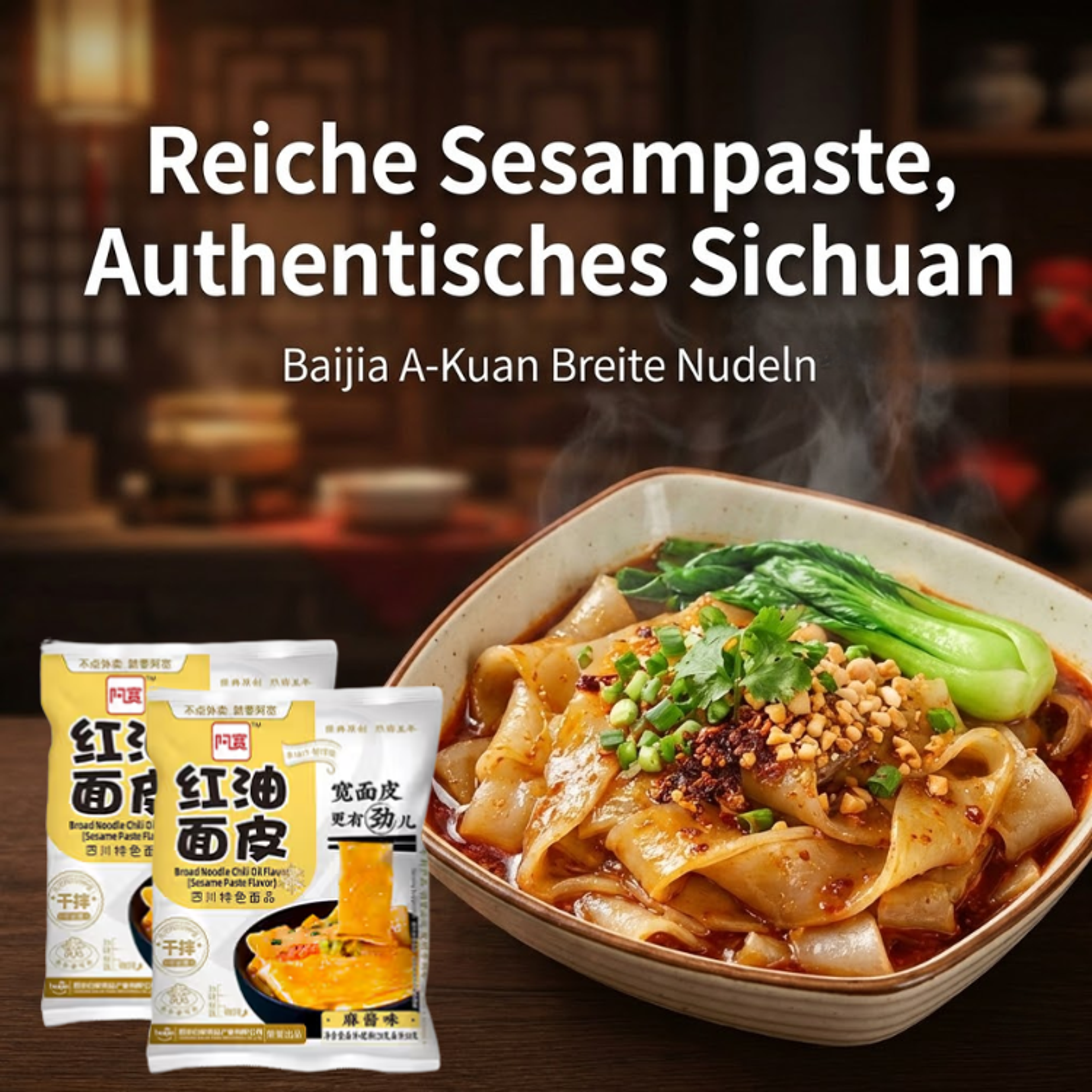 Zubereitete Baijia A-Kuan Sichuan Breite Nudeln – zeigt dampfende, breite Nudeln, perfekt ummantelt mit würziger Sesampaste