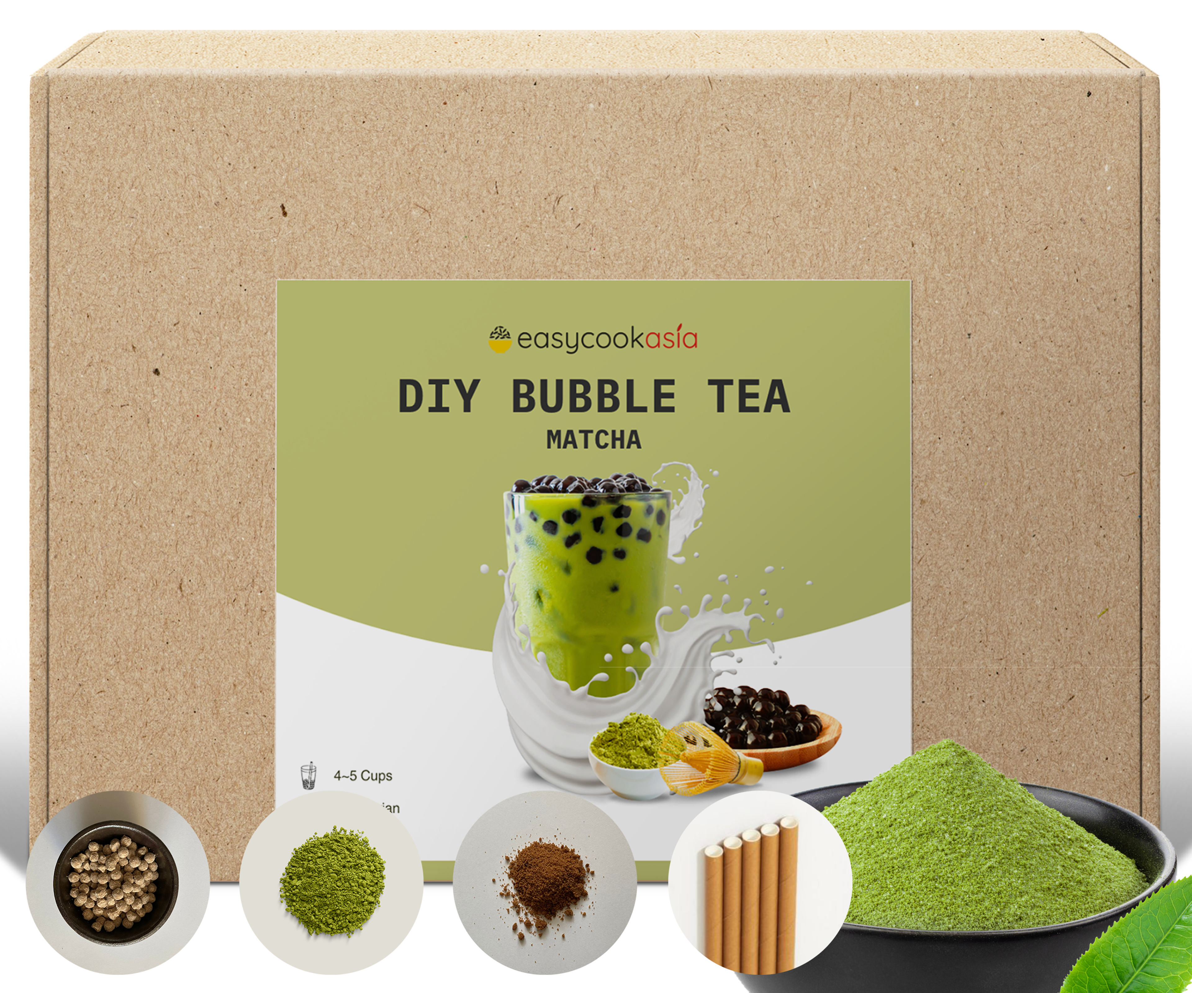 DIY Bubble Tea Matcha - Einfach zuzubereitendes Set für 4-5 Tassen | Vegetarisch, Ideal für Partys und Familienfeiern