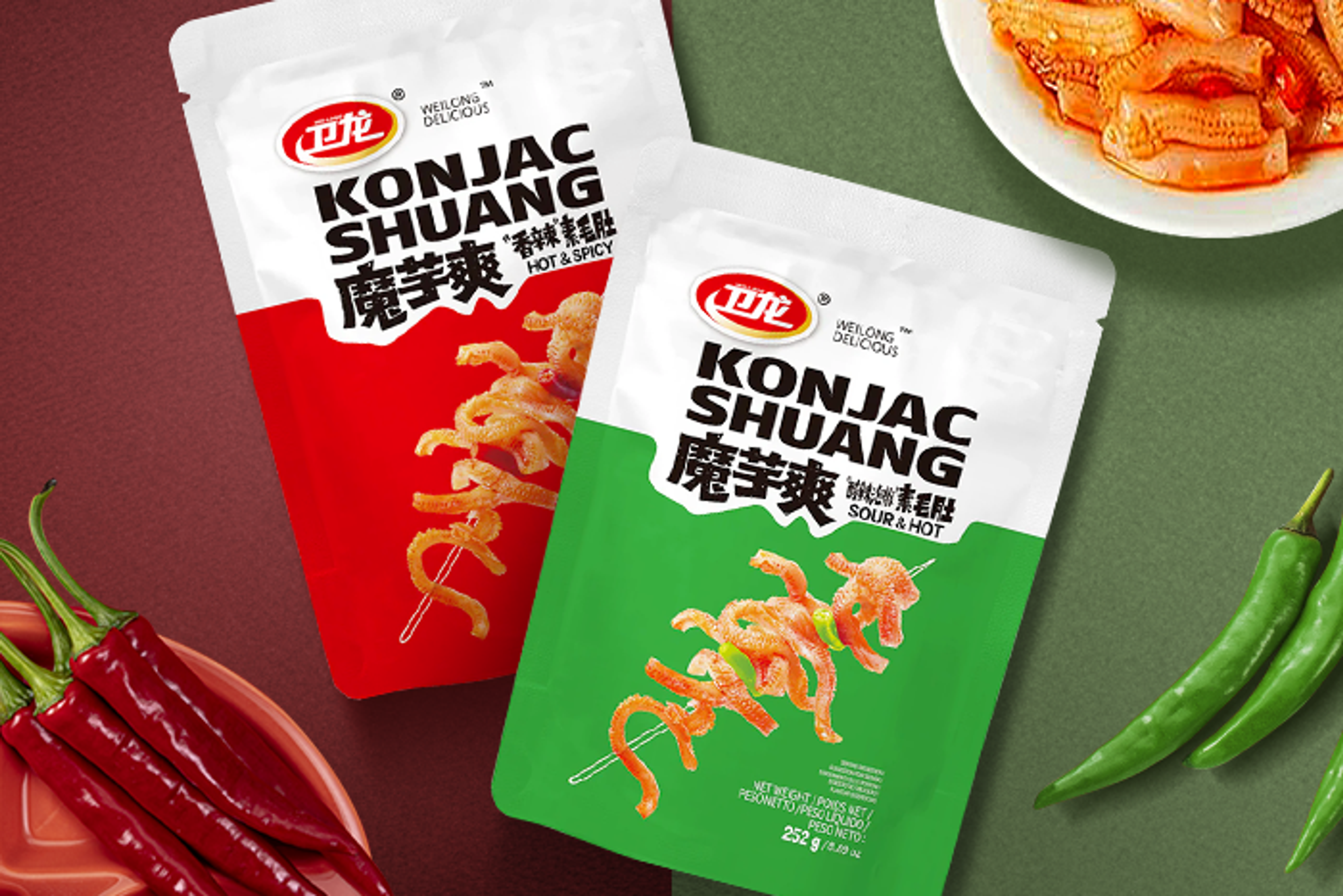 Vorderansicht der Wei Long Konjak Shuang Hot & Spicy 252g Packung.