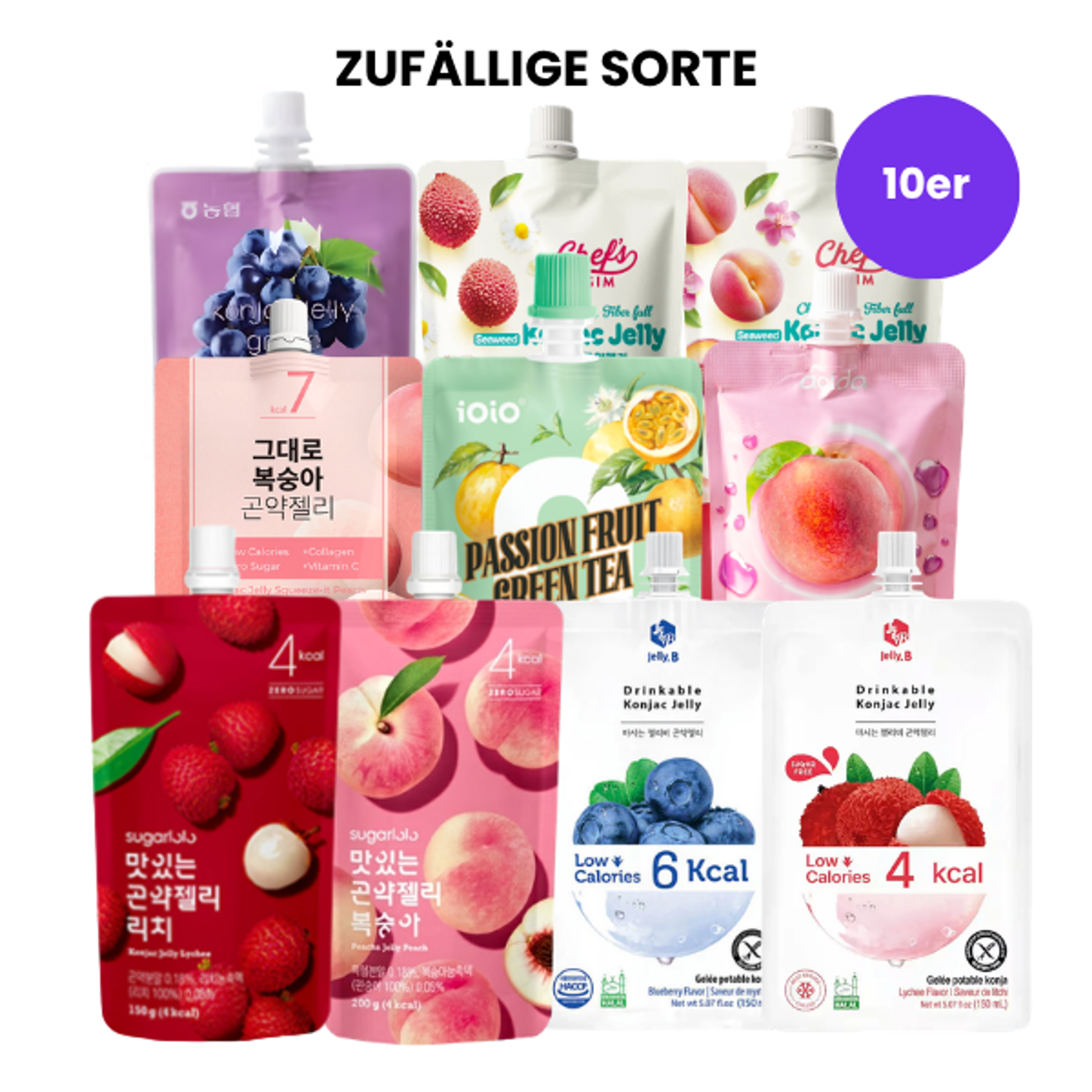 Überraschungsauswahl von 10 Konjac-Gelees aus Korea und Japan: Zeigt die Vielfalt und Auswahl.