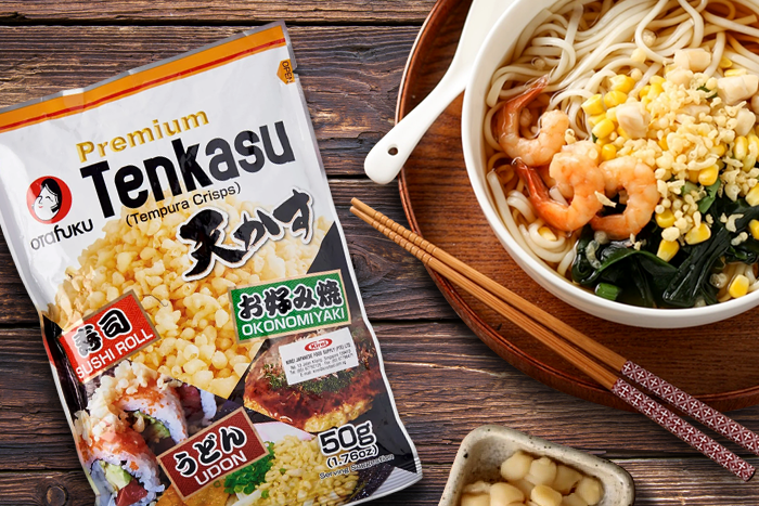 Verpackung von Premium Tenkasu Tempura Crisps, ansprechend gestaltet.
