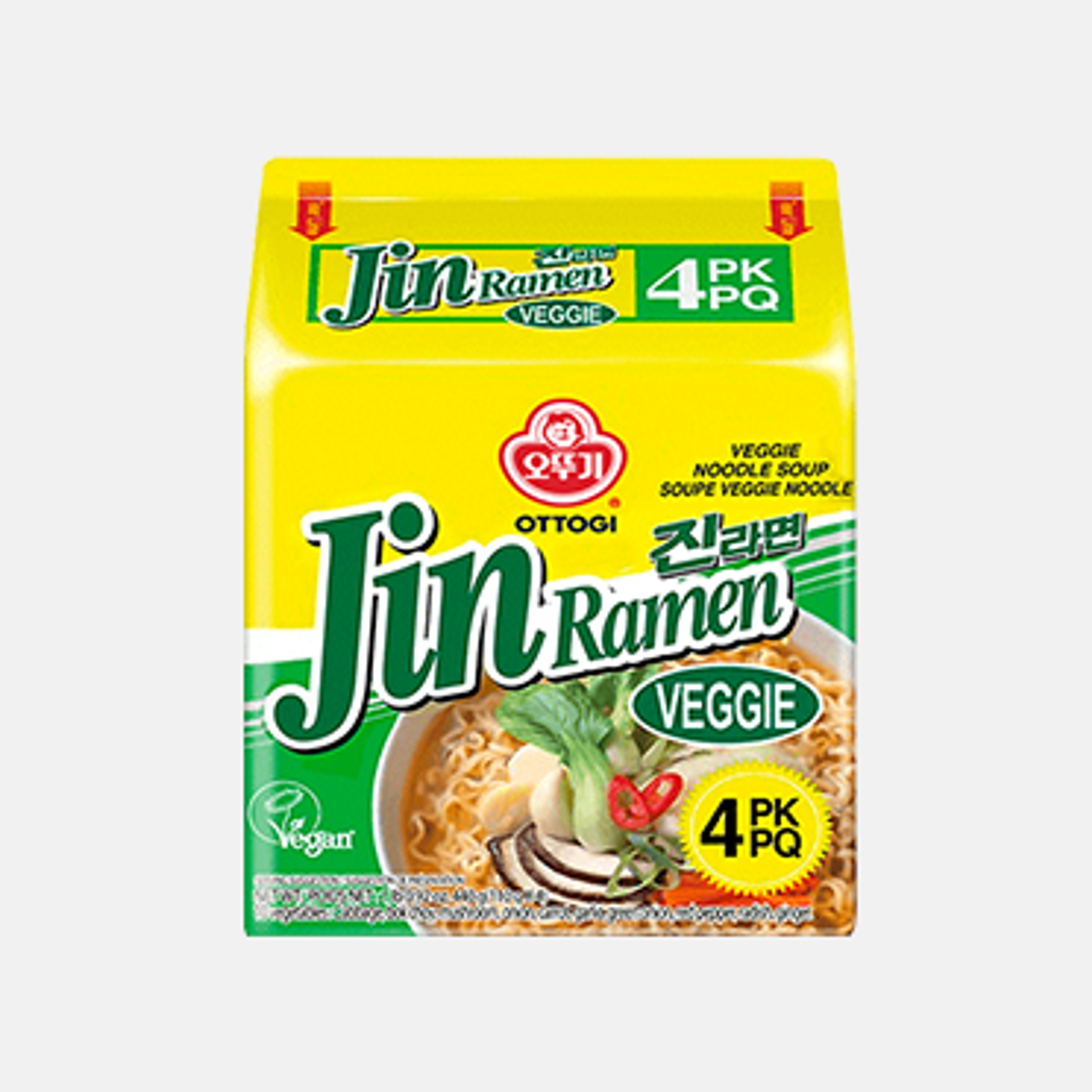 Eine Packung Ottogi Jin Ramen Nudeln Veggie Mild 4er-Pack.