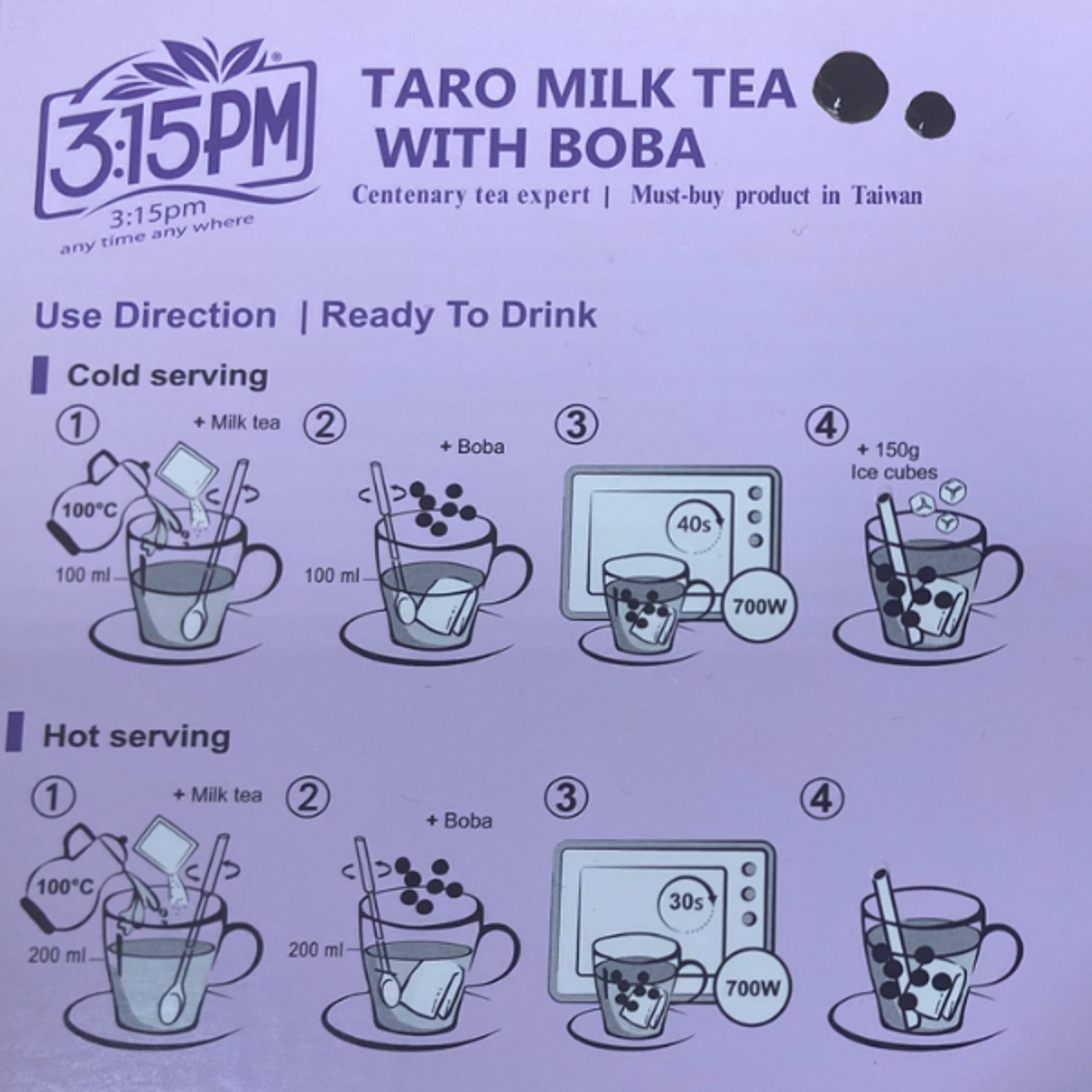 3:15PM Taro Milk Tea mit Boba – Lila Milchtee mit Taro & Tapioka-Perlen