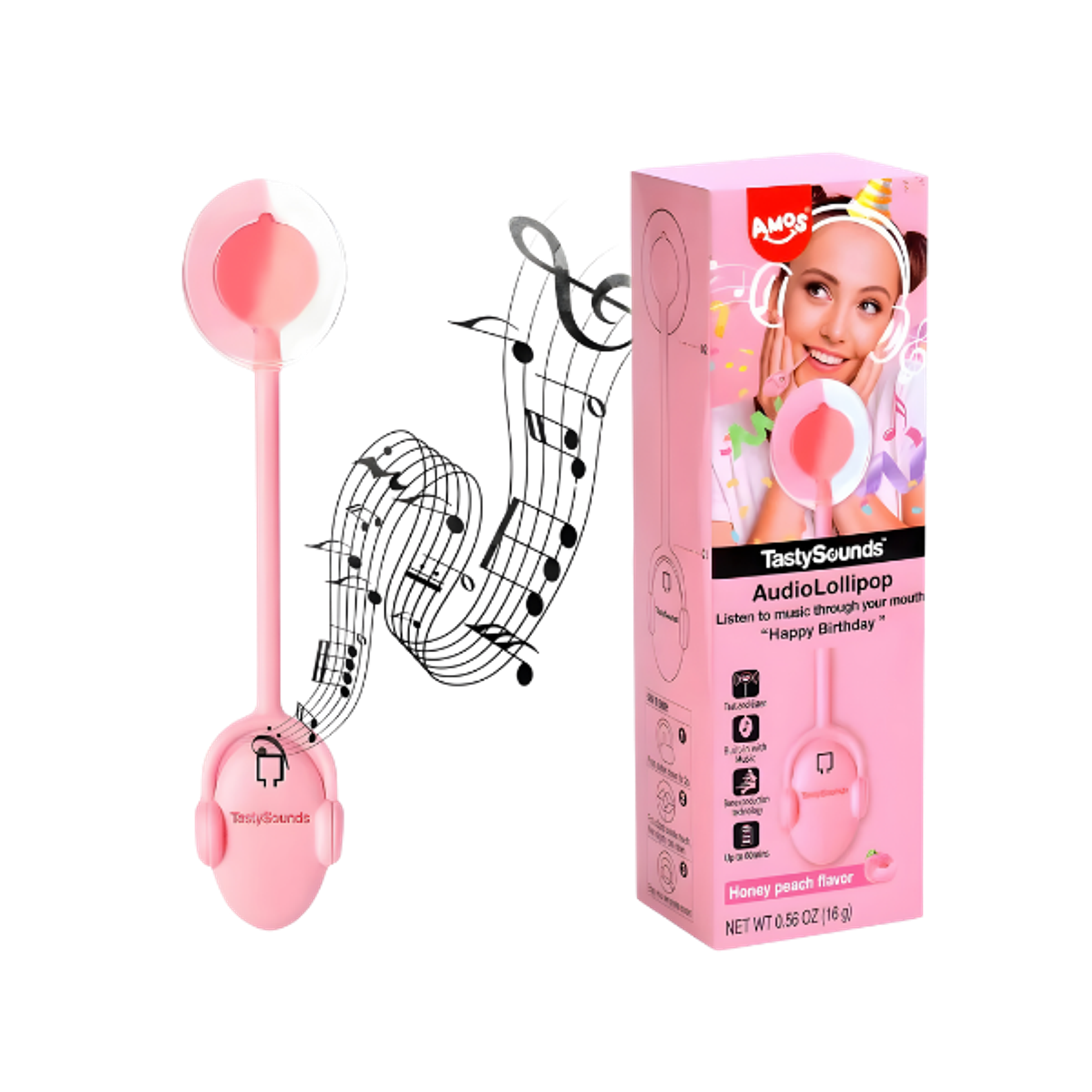 AMOS TastySounds Audio Lollipop 12 g | Honey Peach mit K-Pop Sound