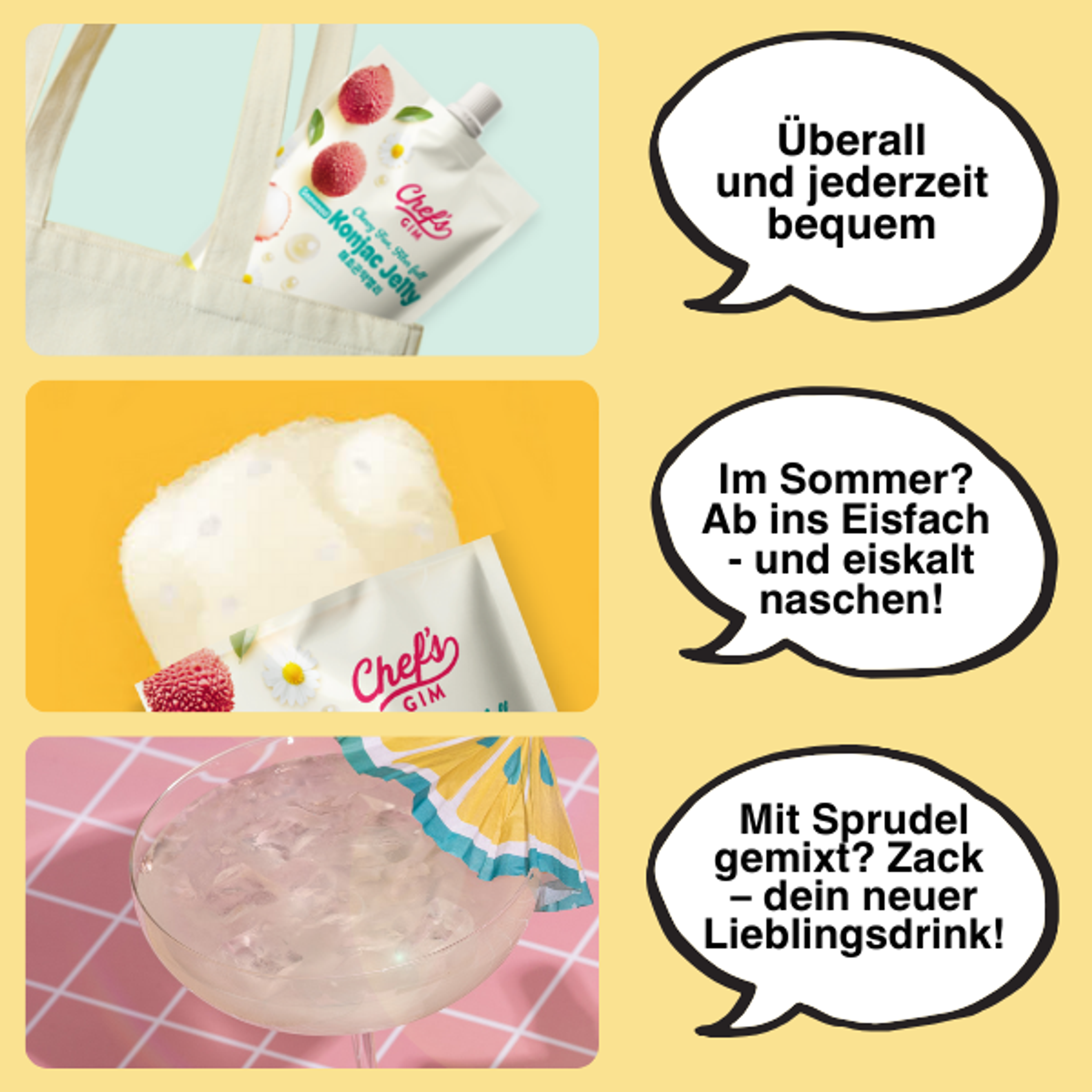 Chef’s Gim Konjak-Getränkegelee | 10er Set à 150g | Vegan, Kalorienarm, zuckerfrei & ballaststoffreich | 3 Sorten: Pfirsich-Schwarztee, Kamille-Litschi, Lavendel-Apfel-Mango (Kamille-Litschi)