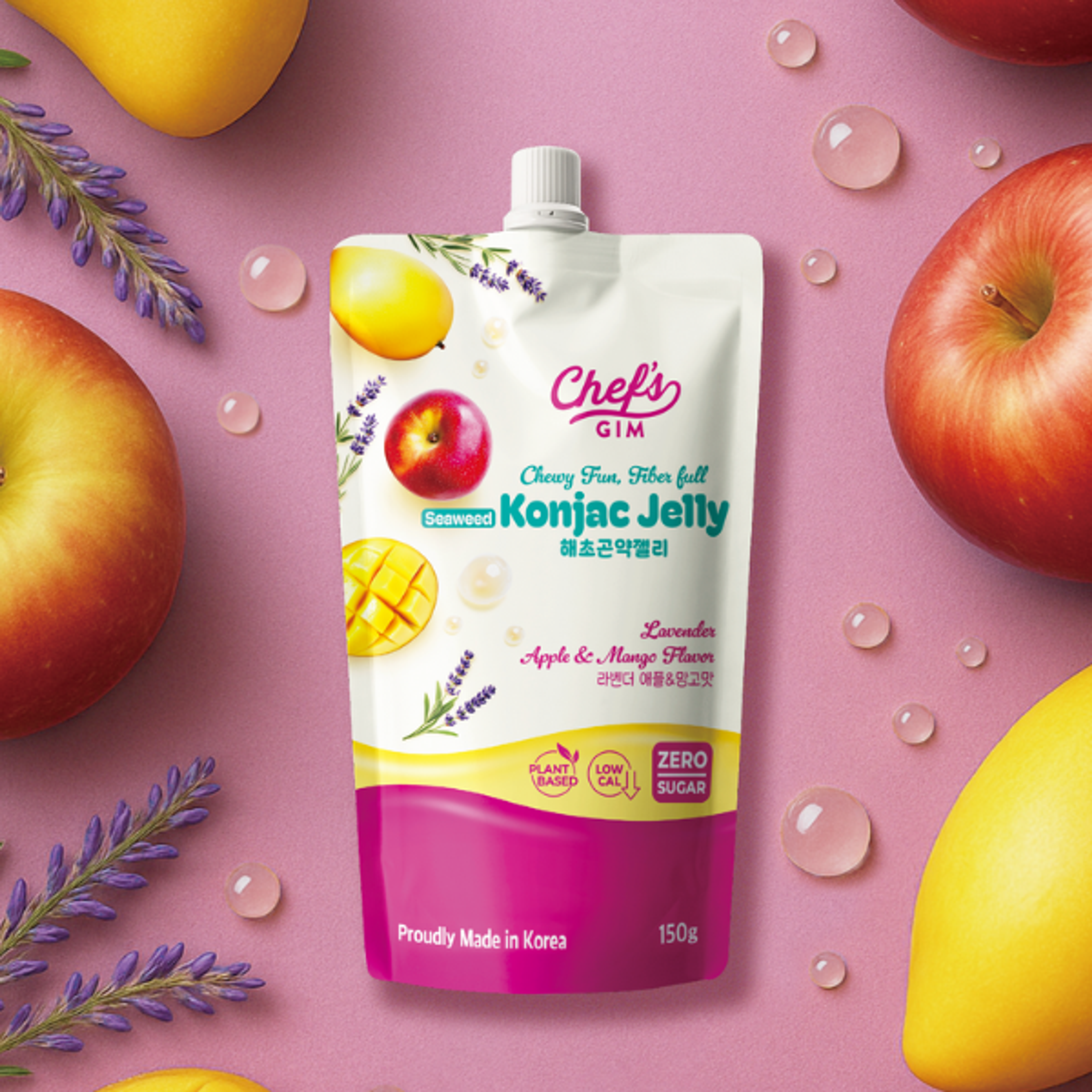 Chef’s Gim Konjak-Getränkegelee | 10er Set à 150g | Vegan, Kalorienarm, zuckerfrei & ballaststoffreich | 3 Sorten: Pfirsich-Schwarztee, Kamille-Litschi, Lavendel-Apfel-Mango (Lavendel-Apfel-Mango)