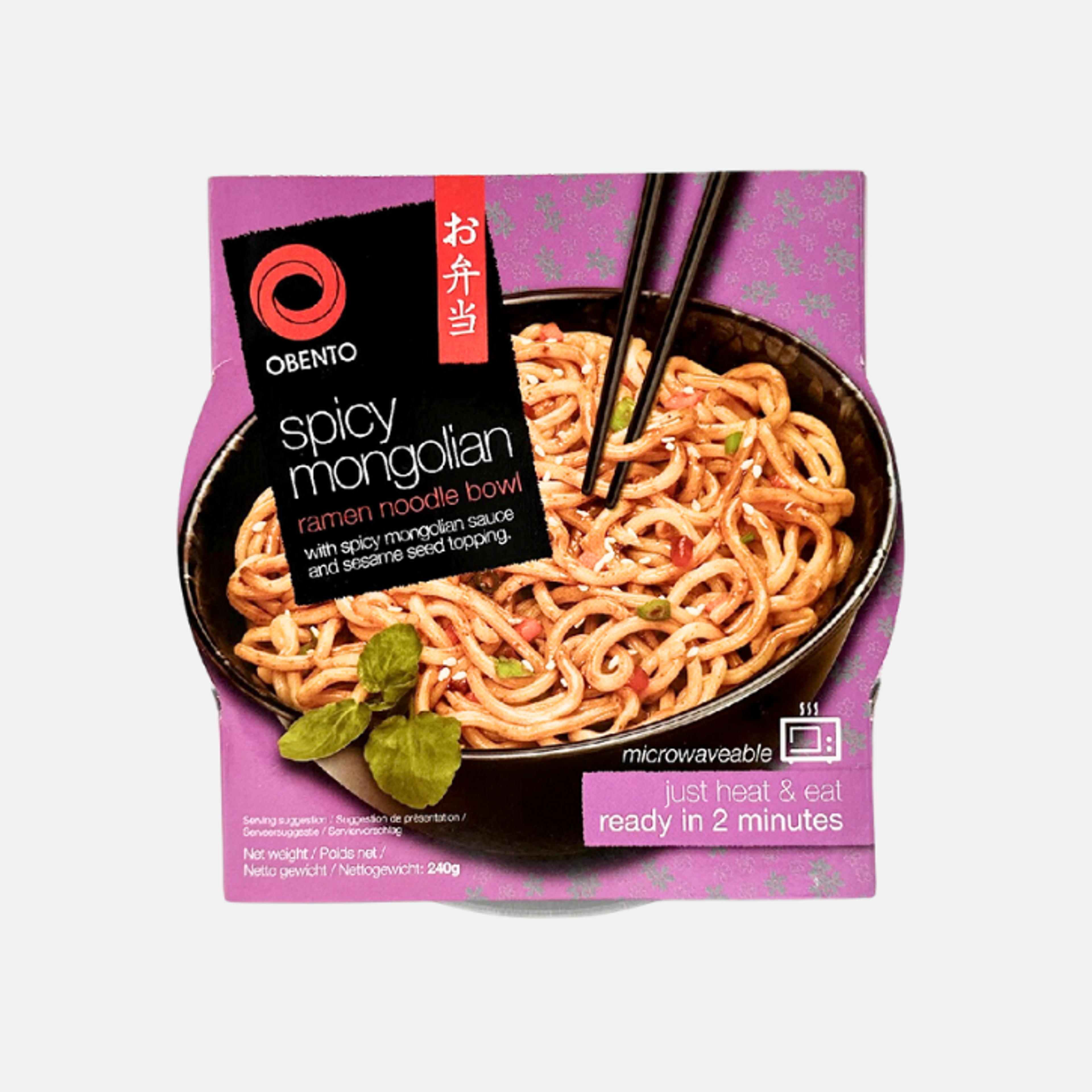 Obento Spicy Mongolian Ramen Noodle Bowl 240g - Spicy Mongolian Ramen with Included Fork