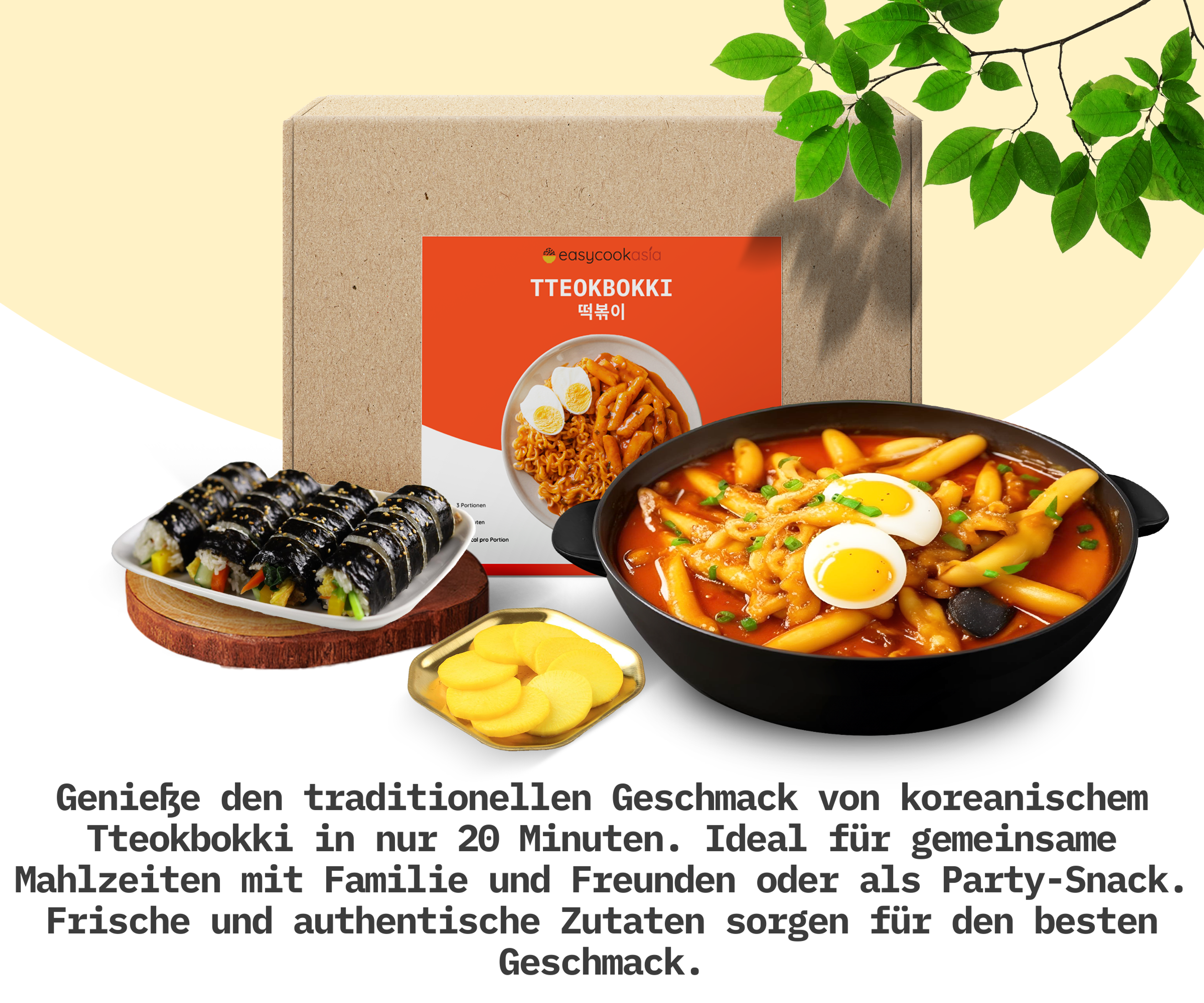 Tteokbokki-Variationen: Bilder von Oil Tteokbokki und Rabokki, die mit der Anleitung in der Box zubereitet wurden.