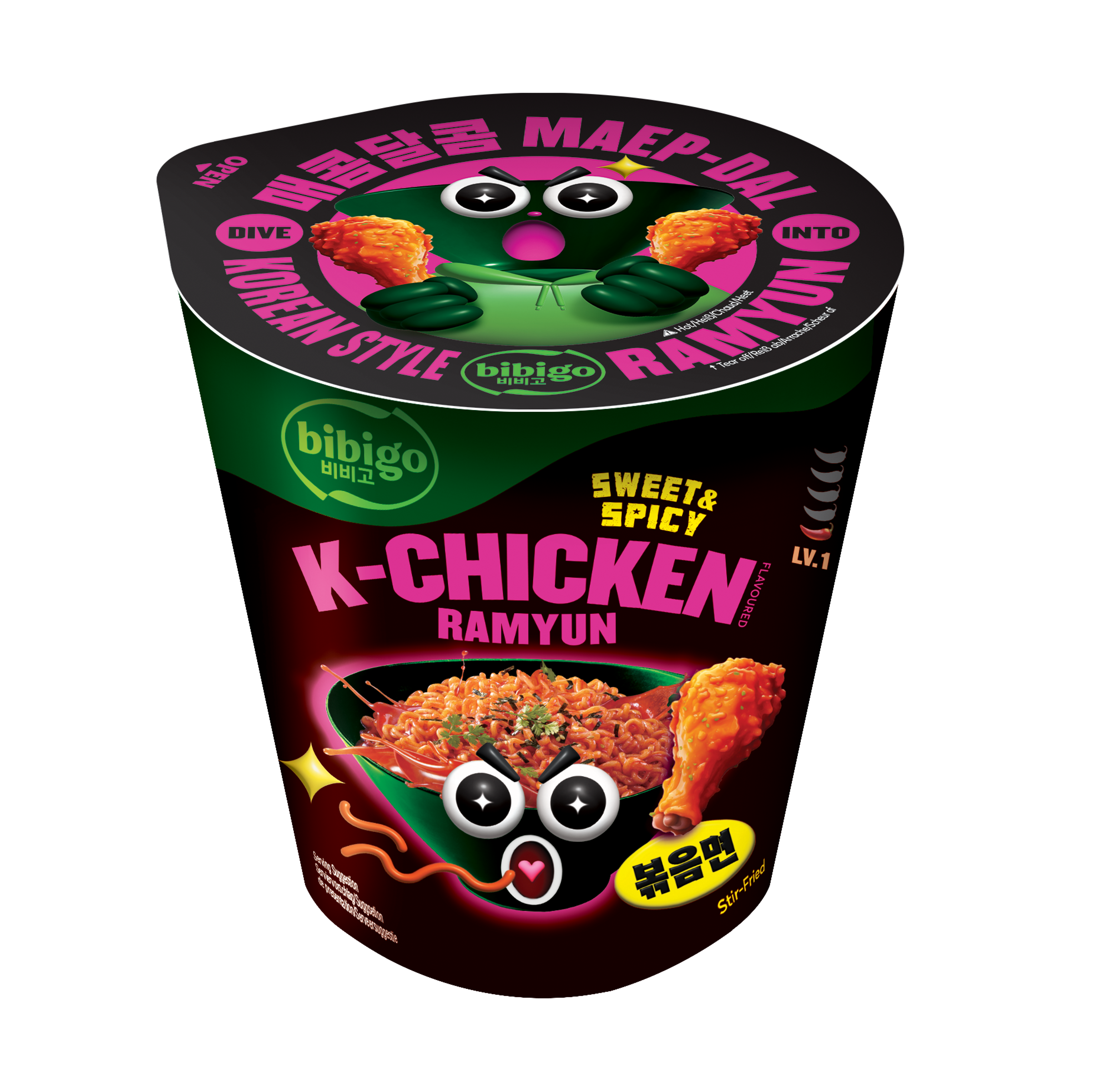 BIBIGO K-Chicken Stir-fry Ramyun Sweet & Spicy 97,5 g – Koreanische Bratnudeln im Yangnyeom-Chicken-Stil Kimchi Stir-fry Ramyun Extra Spicy 98 g – Extrem scharfe koreanische Kimchi-Bratnudeln