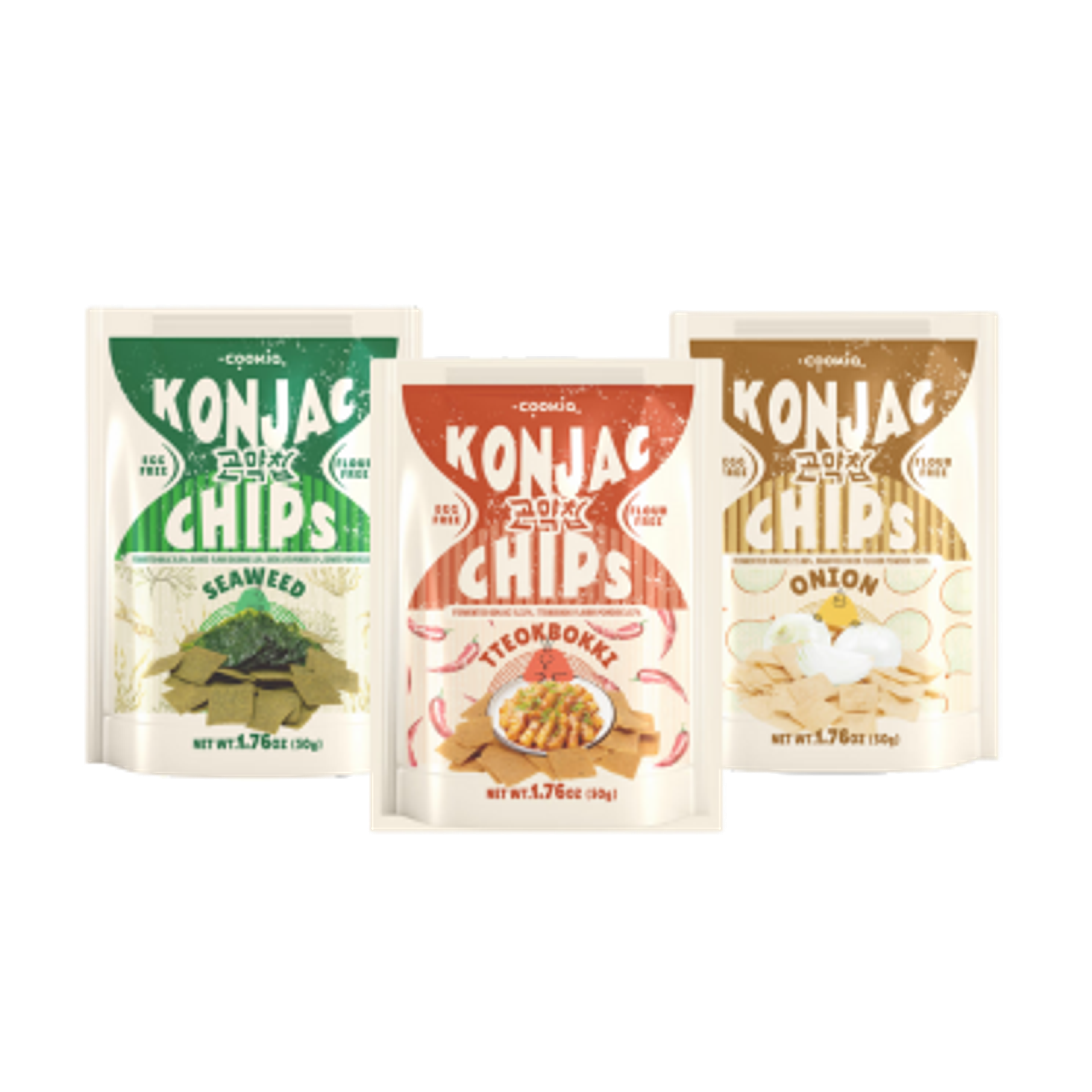 COOKIA Konjac Chips 3er-Set | Meeresalgen, Tteokbokki, Zwiebel | Veganer Koreanischer Snack ohne Mehl & Eier | Dreifach im Ofen gebacken & knusprig leicht