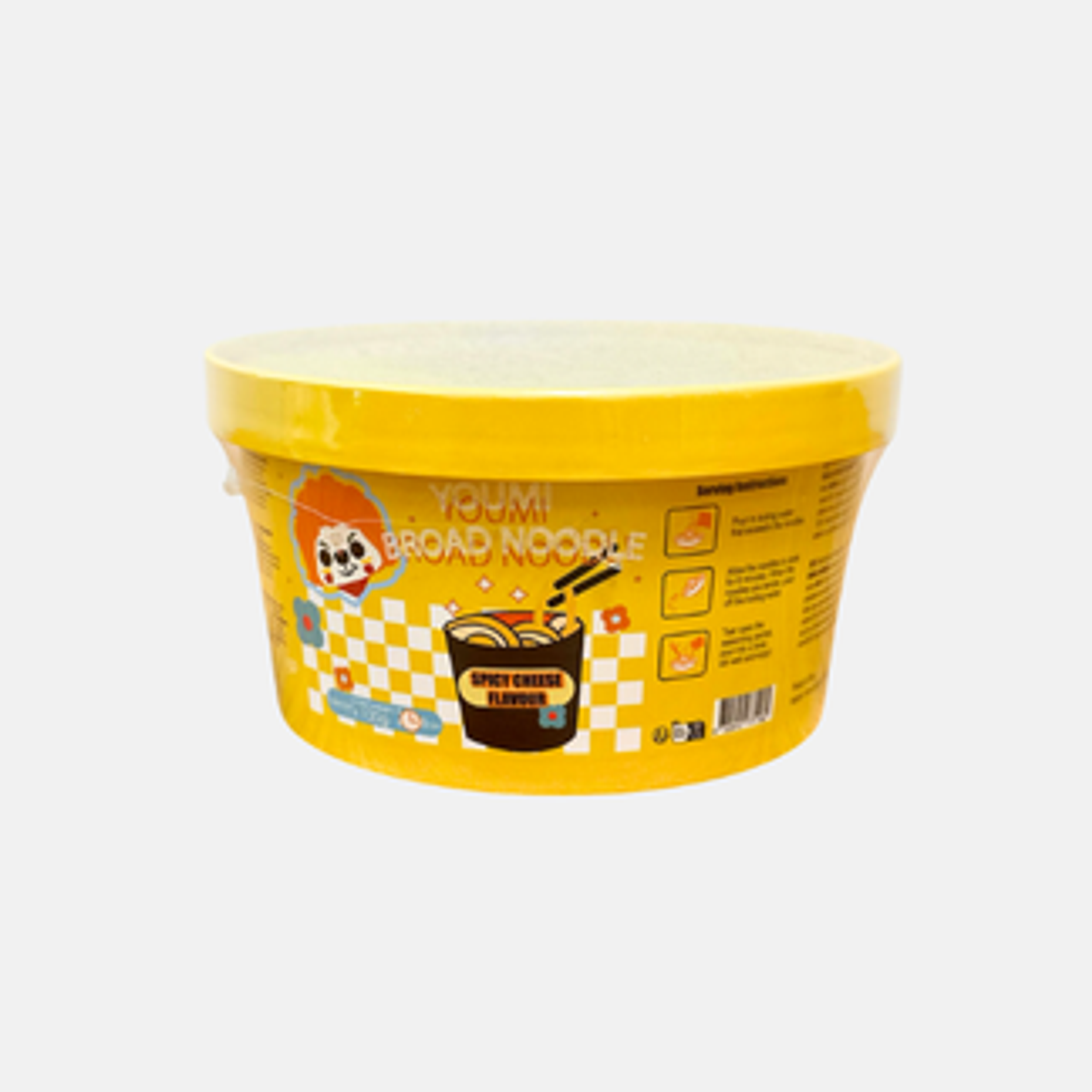 Youmi Broad Noodle 120g - Spicy Cheese Flavor with Sweet Potato Noodles in a Big Bowl