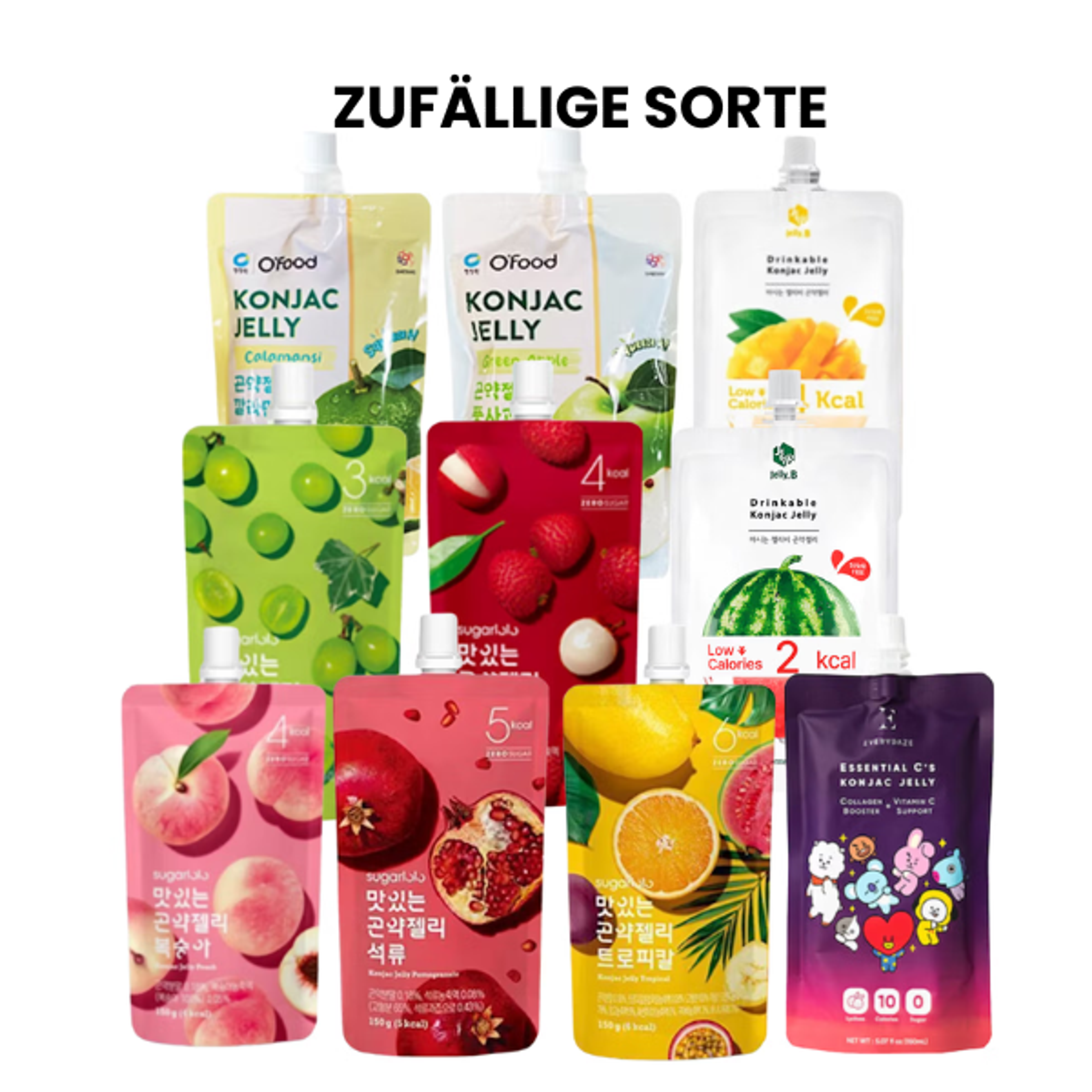 Überraschungsauswahl von 10 Konjac-Gelees aus Korea und Japan: Zeigt die Vielfalt und Auswahl.