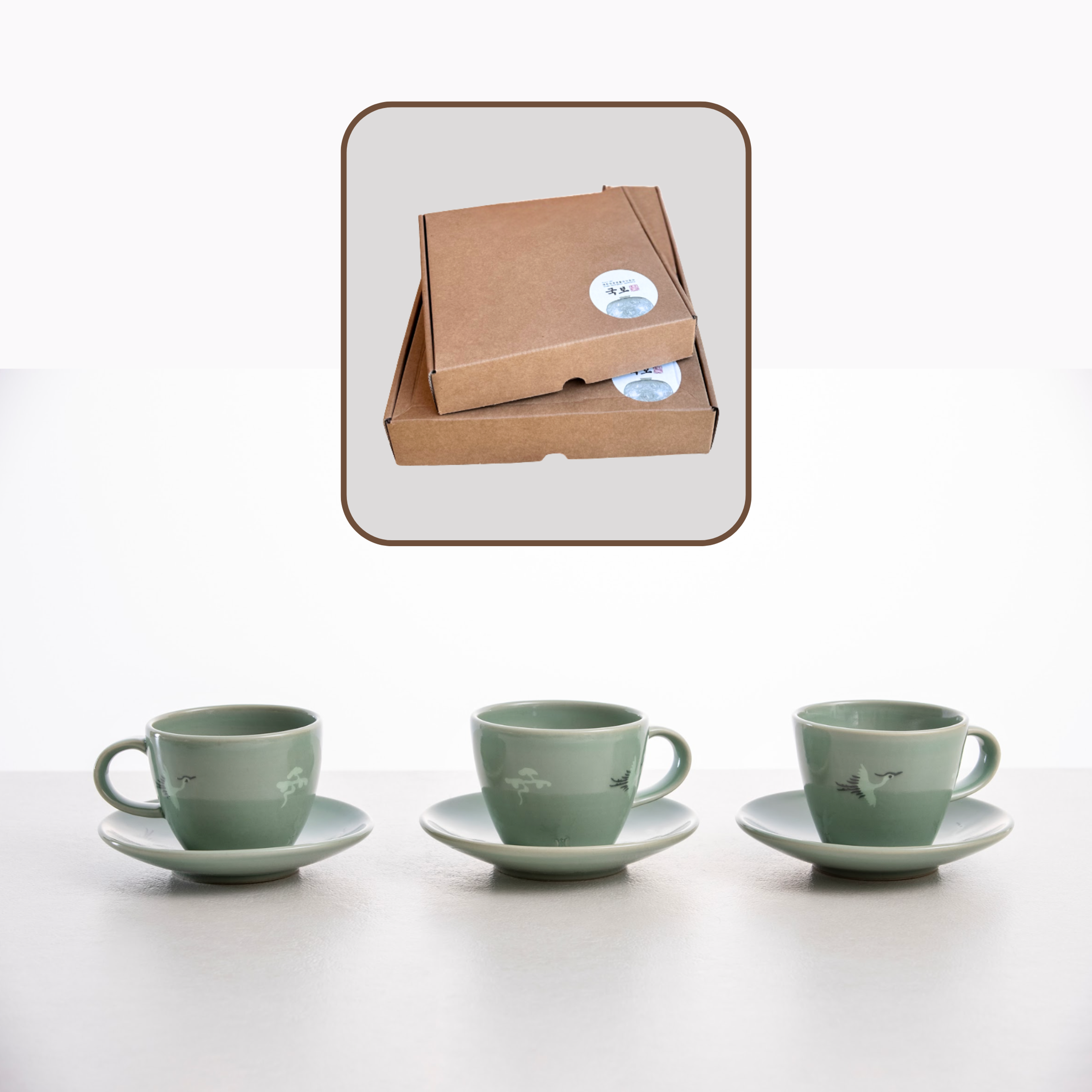 UKBOCRAFT Celadon Espresso-Set mit Wolken- & Kranich-Inlay | Espressotasse & Untertasse | Miniatur-Keramikkunst
