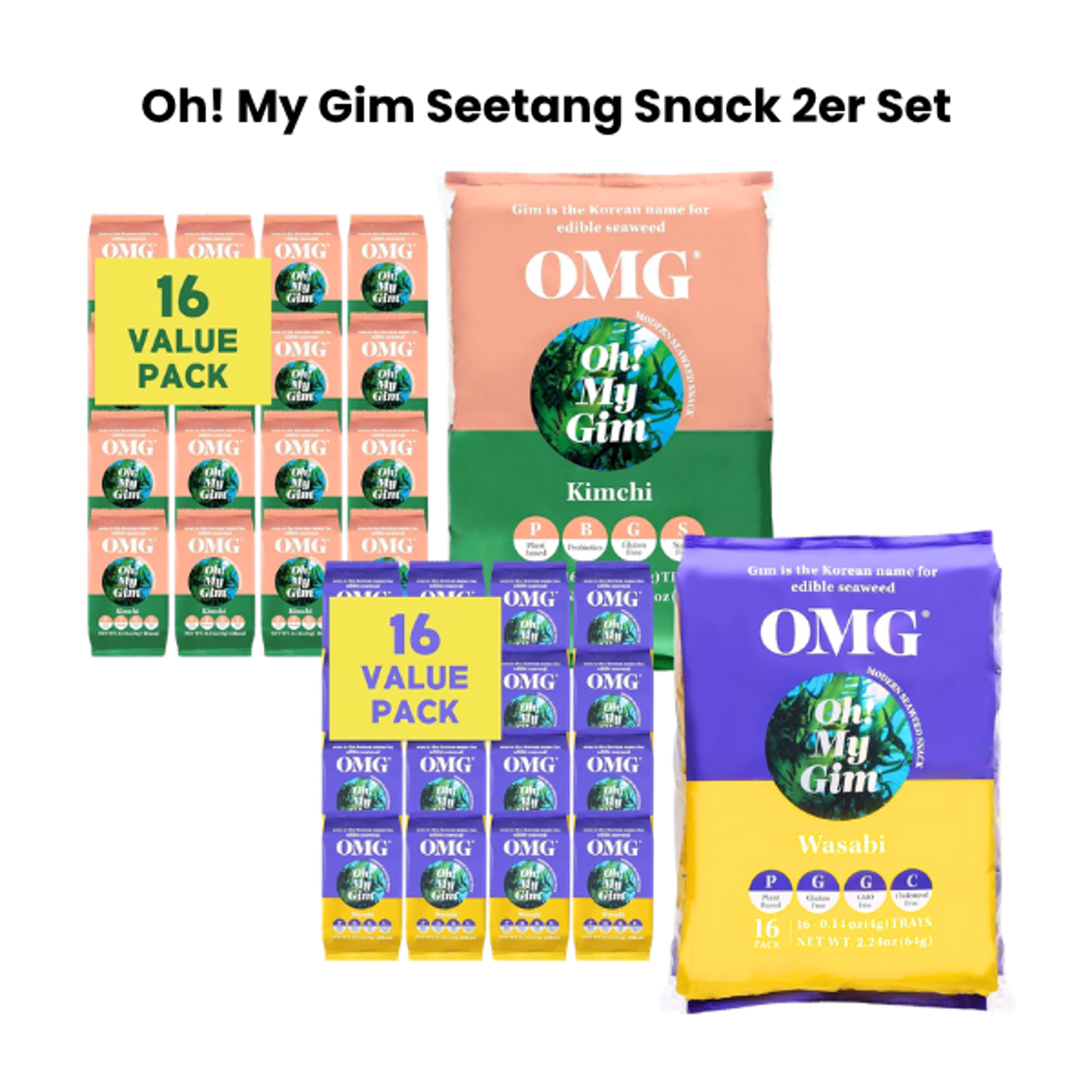 Oh! My Gim Seetang Snack 2er Set mit den Geschmacksrichtungen Kimchi und Wasabi.