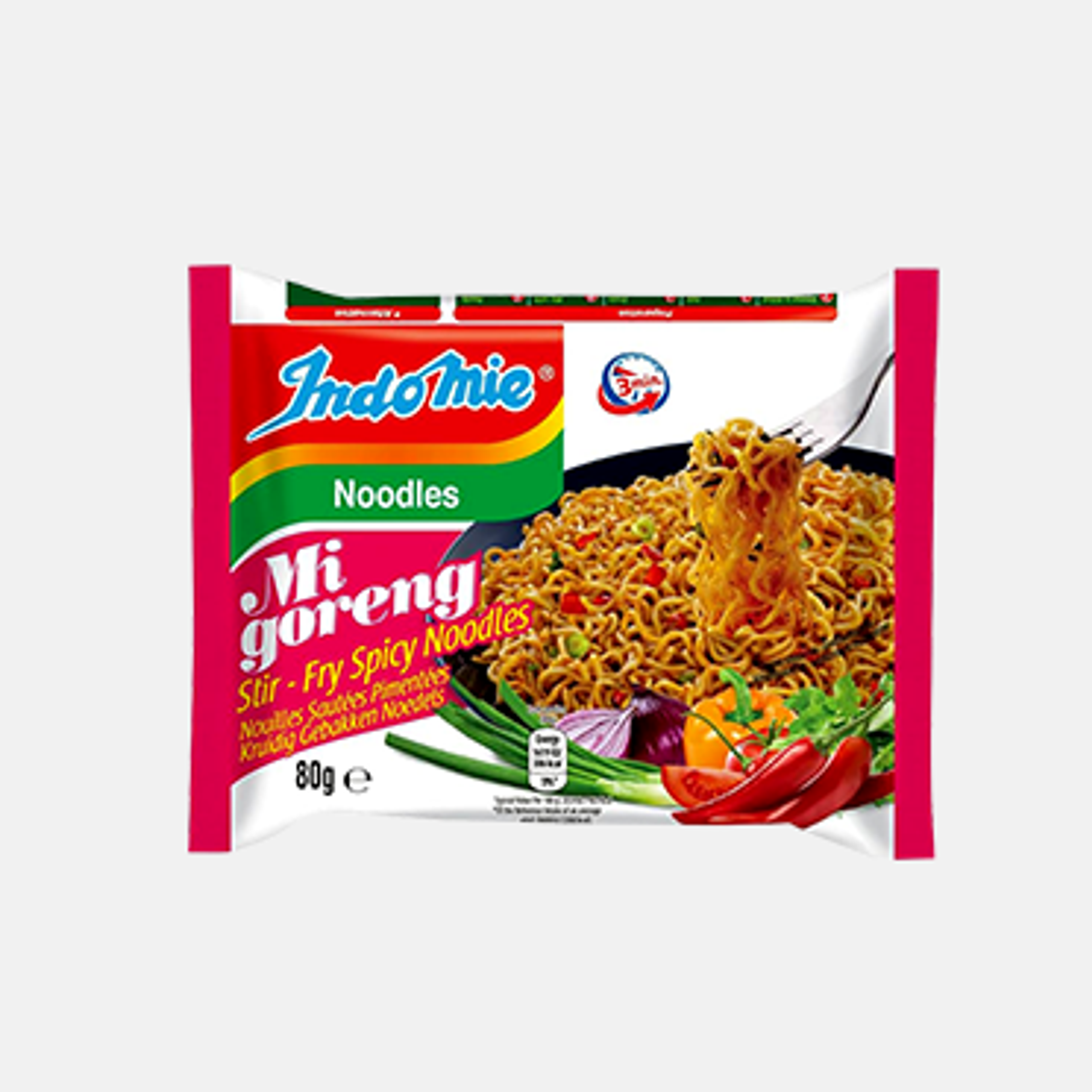 Verpackung der INDOMIE Mi Goreng Spicy Nudeln – zeigt deutlich die scharfe Variante in der 80g-Packung.