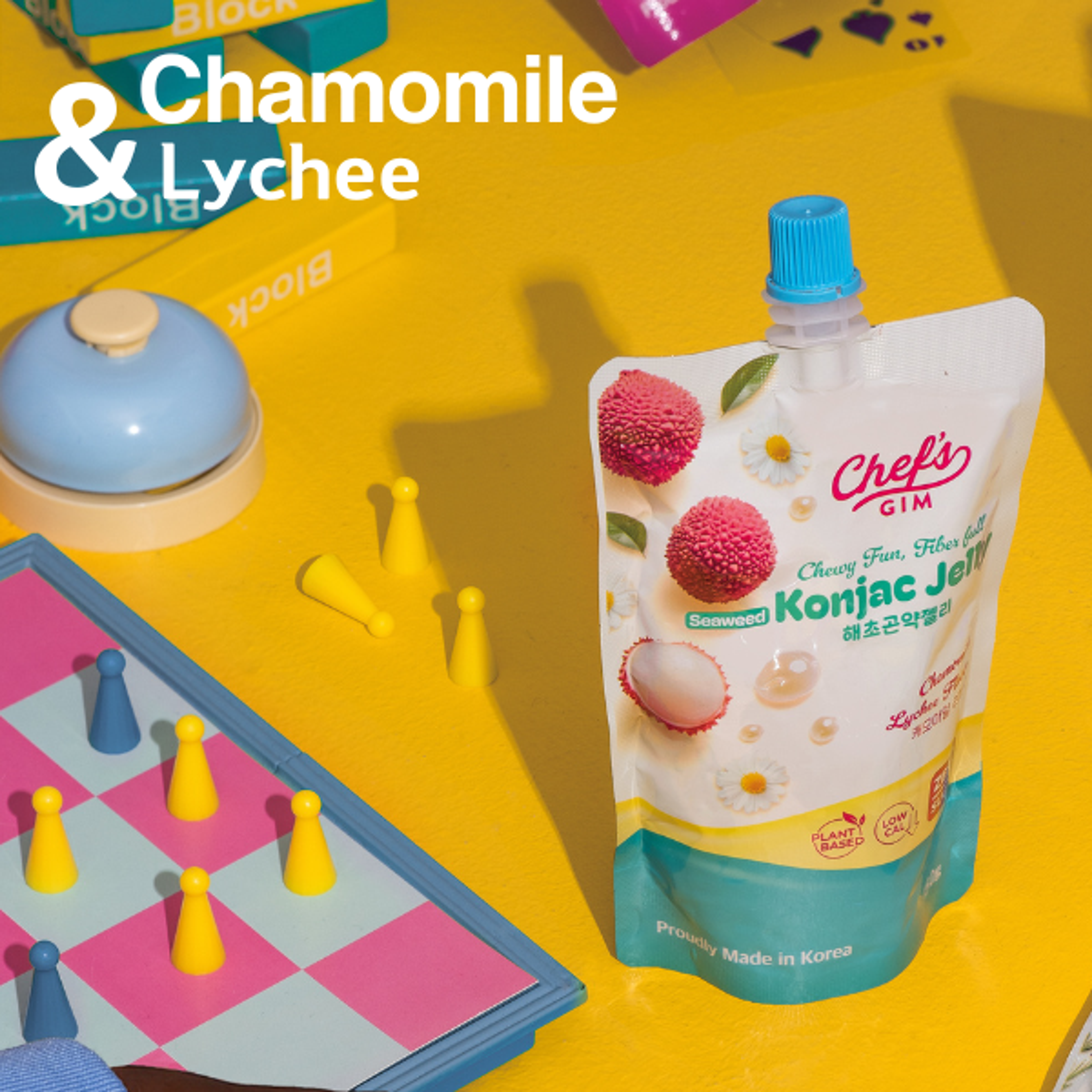 Chef’s Gim Konjak-Getränkegelee | 10er Set à 150g | Vegan, Kalorienarm, zuckerfrei & ballaststoffreich | 3 Sorten: Pfirsich-Schwarztee, Kamille-Litschi, Lavendel-Apfel-Mango (Kamille-Litschi)