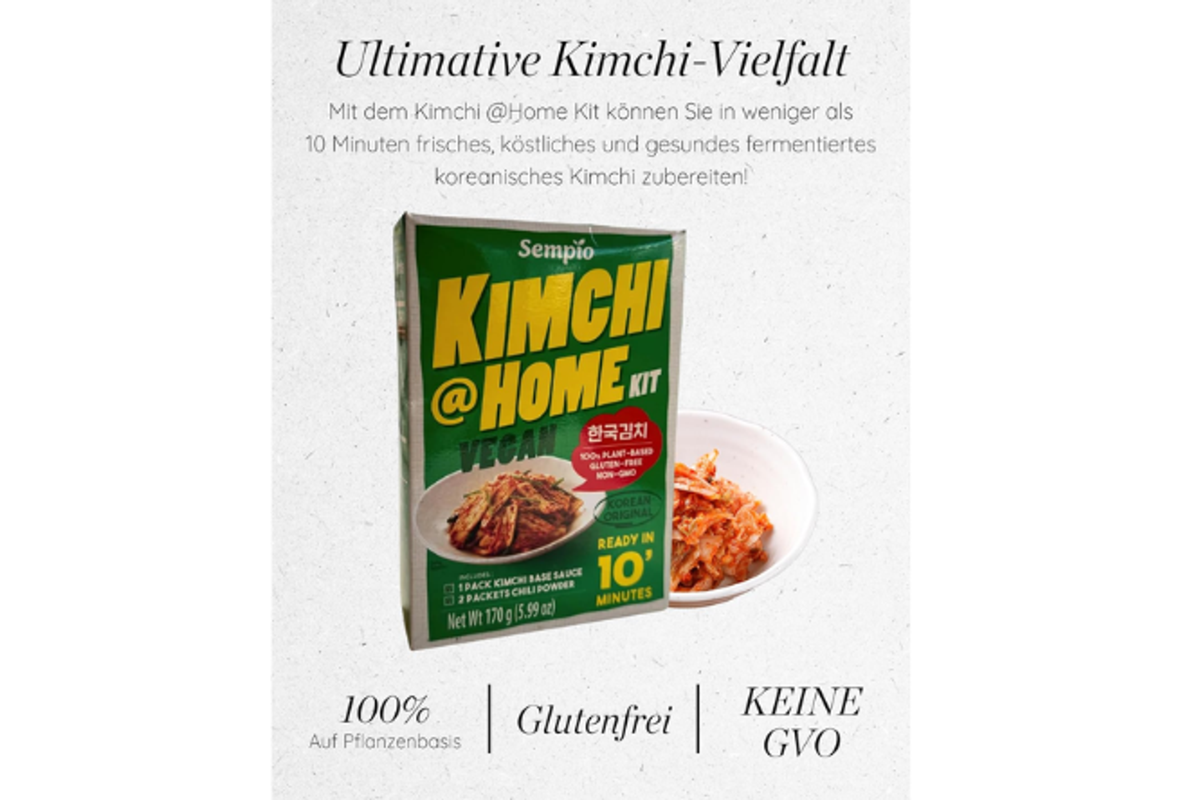 Vorderansicht der Sempio Kimchi-Kit Vegan 170g Packung: Zeigt das einfache und klare Design.