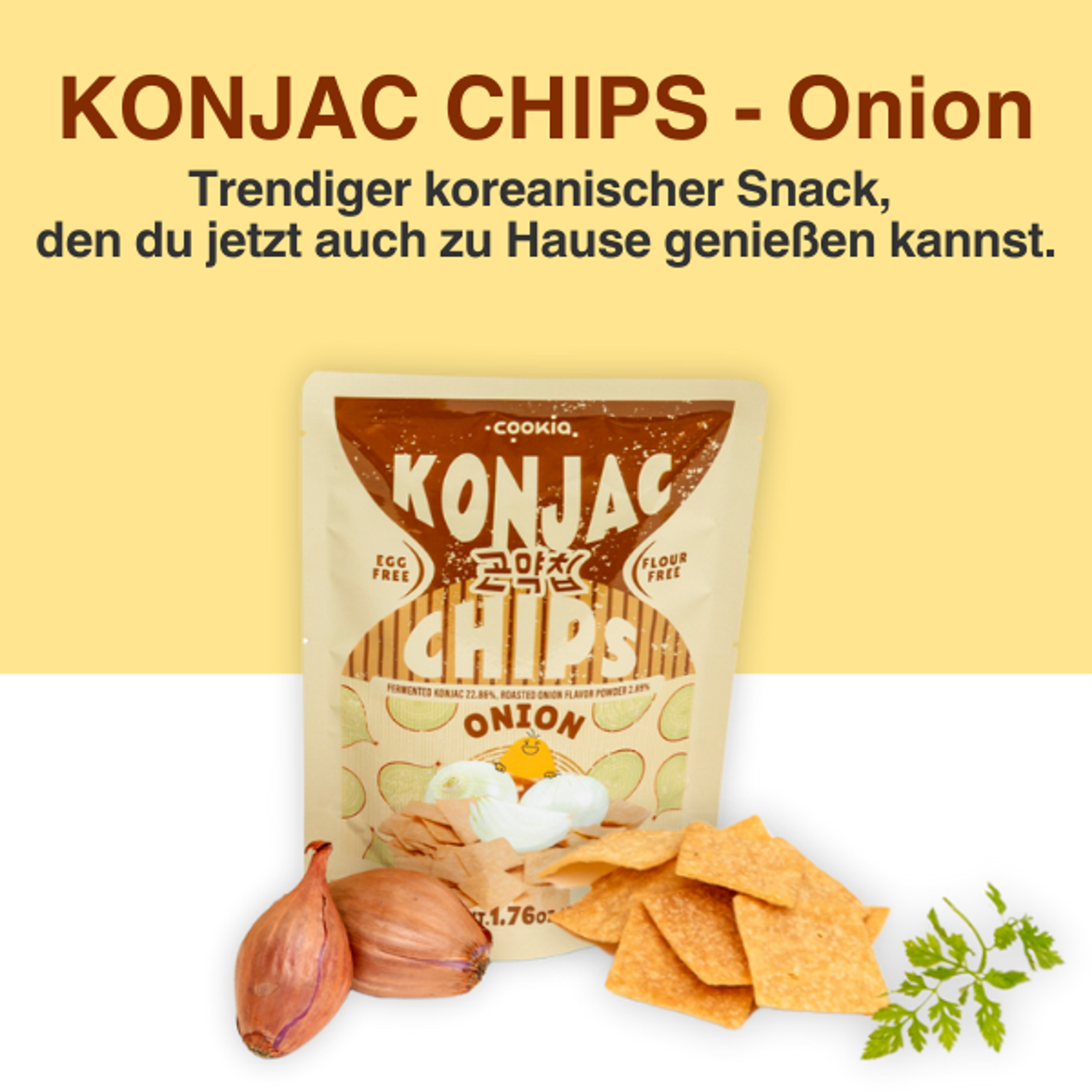 COOKIA – konjac chips 50g × 5er Set | Meeresalgen, Tteokbokki, Zwiebel | Veganer Koreanischer Snack ohne Mehl & Eier | Dreifach im Ofen gebacken & knusprig leicht (5 pack, Zwiebel)