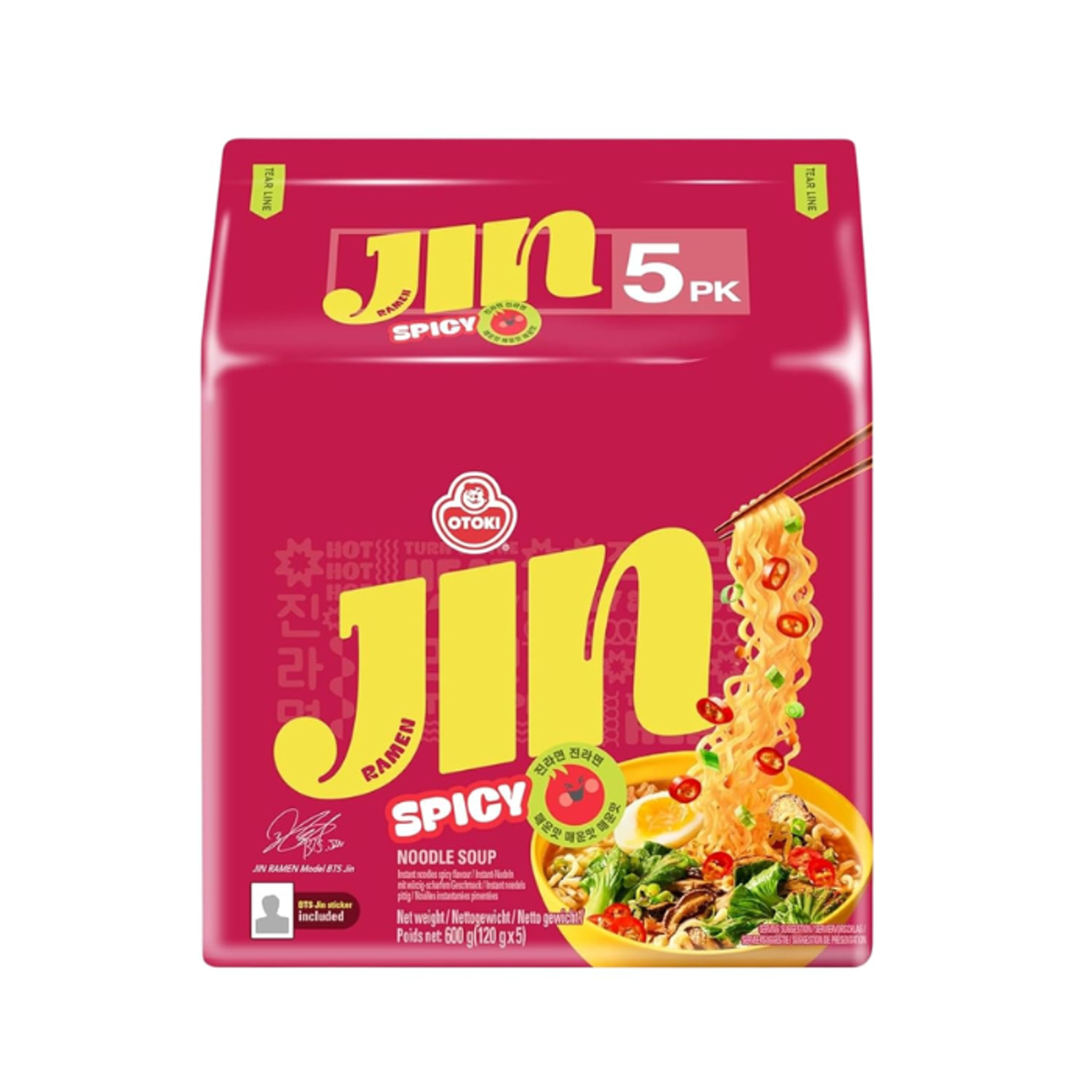 OTOKI Jin Ramen Spicy 5-Pack | Spicy Korean Ramyeon with BTS Jin Sticker – New Edition