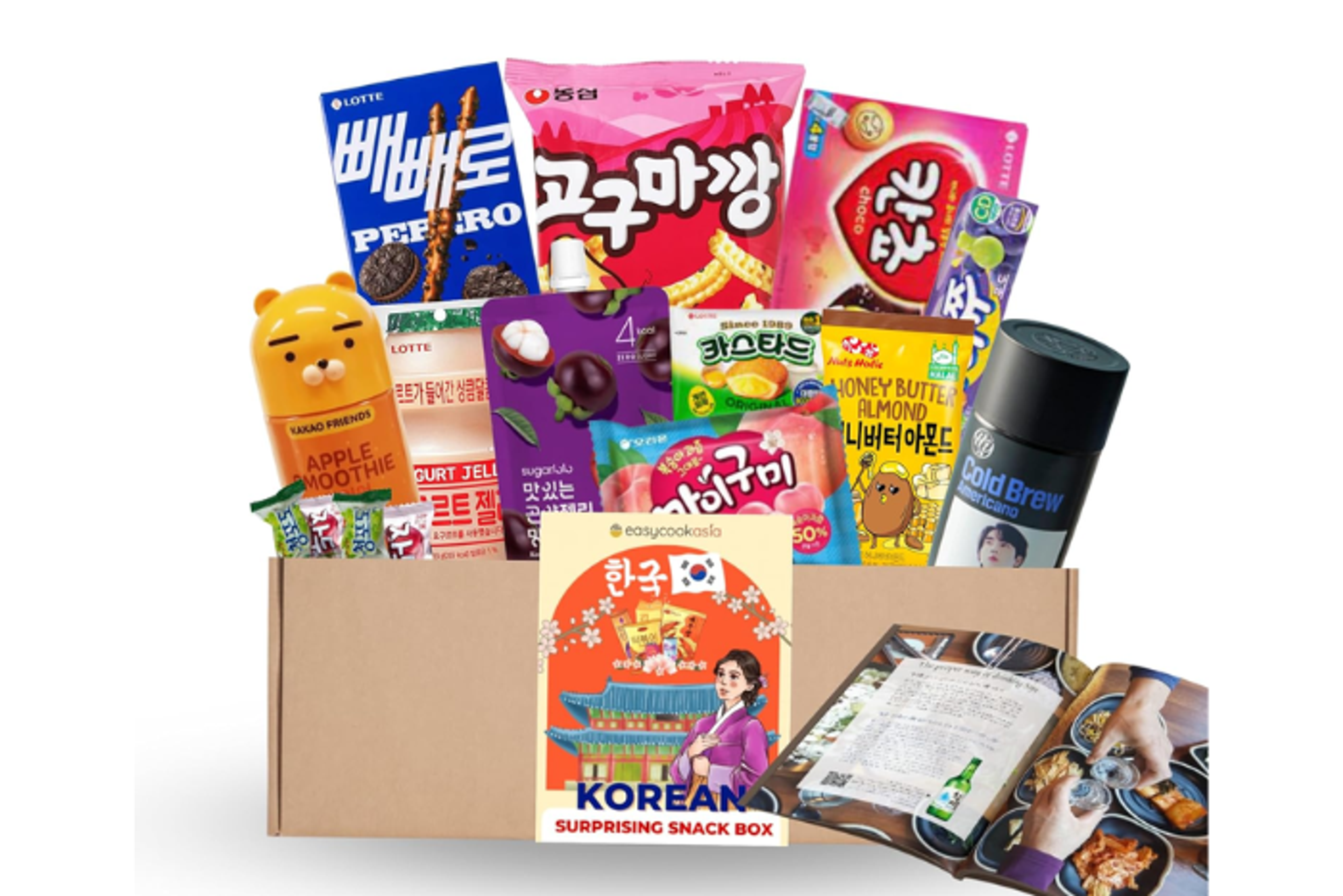 Vorderansicht der Korea Surprise Snack Box S (15set) mit koreanischen Snacks.