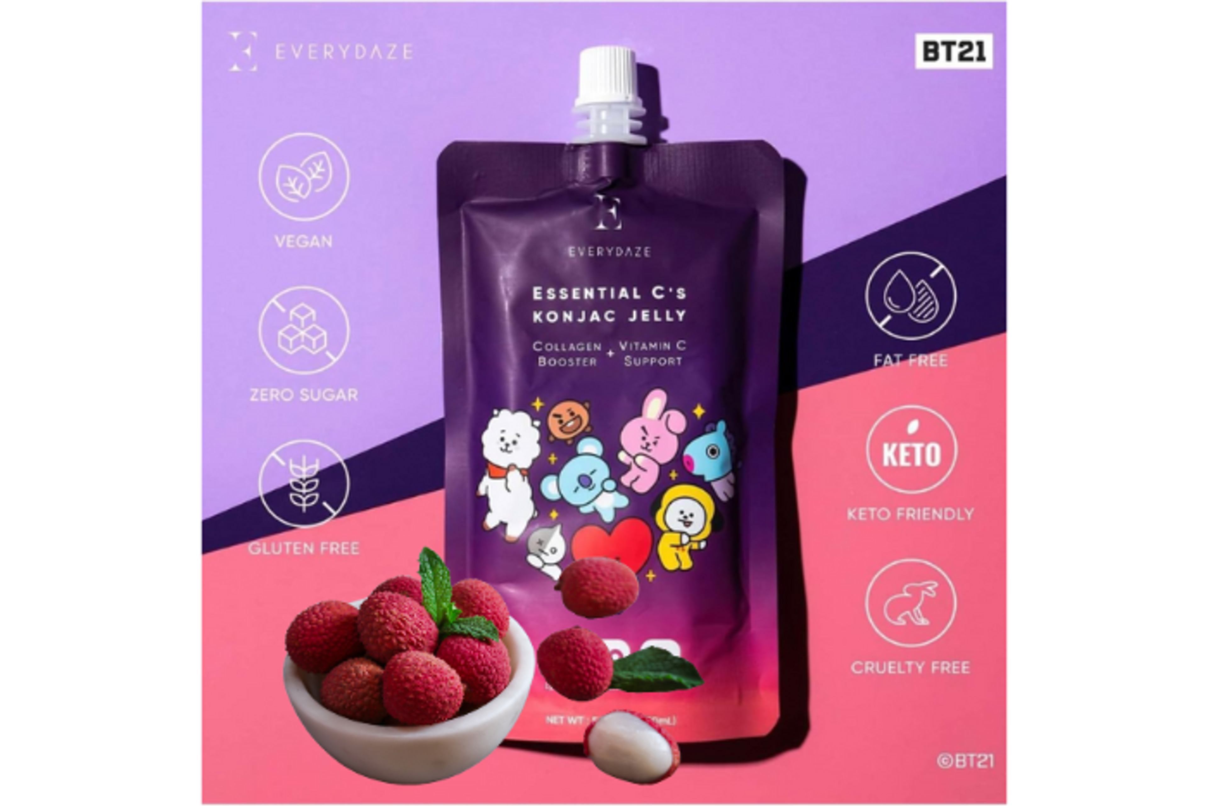 Vorderansicht der EVERYDAZE Essential C’s Konjac Jelly Lychee 150ml Verpackung: Zeigt das ansprechende Design und die Größe.