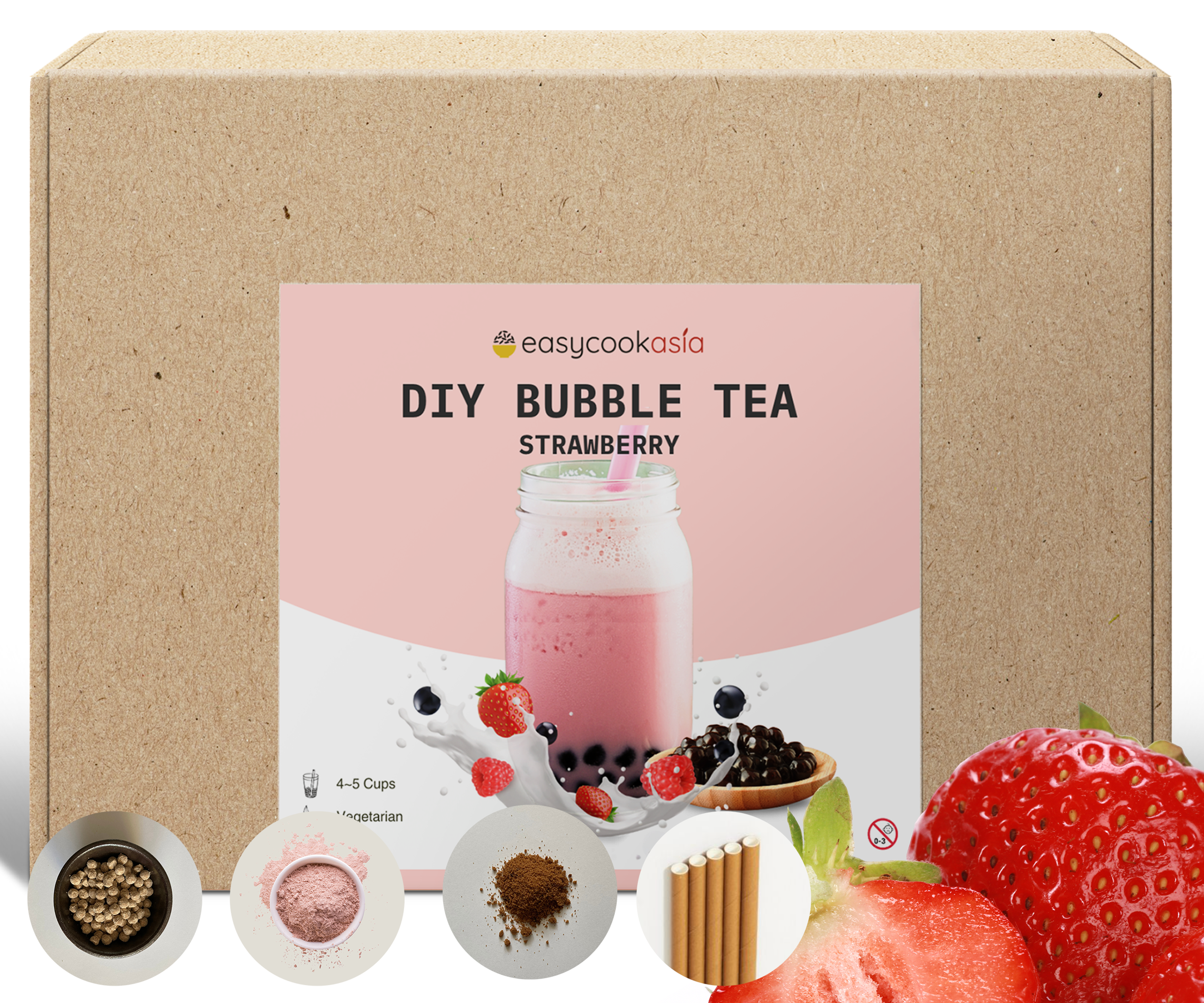 DIY Bubble Tea Strawberry - Komplettes Set für 4-5 Tassen | Vegetarisch, Einfache Zubereitung