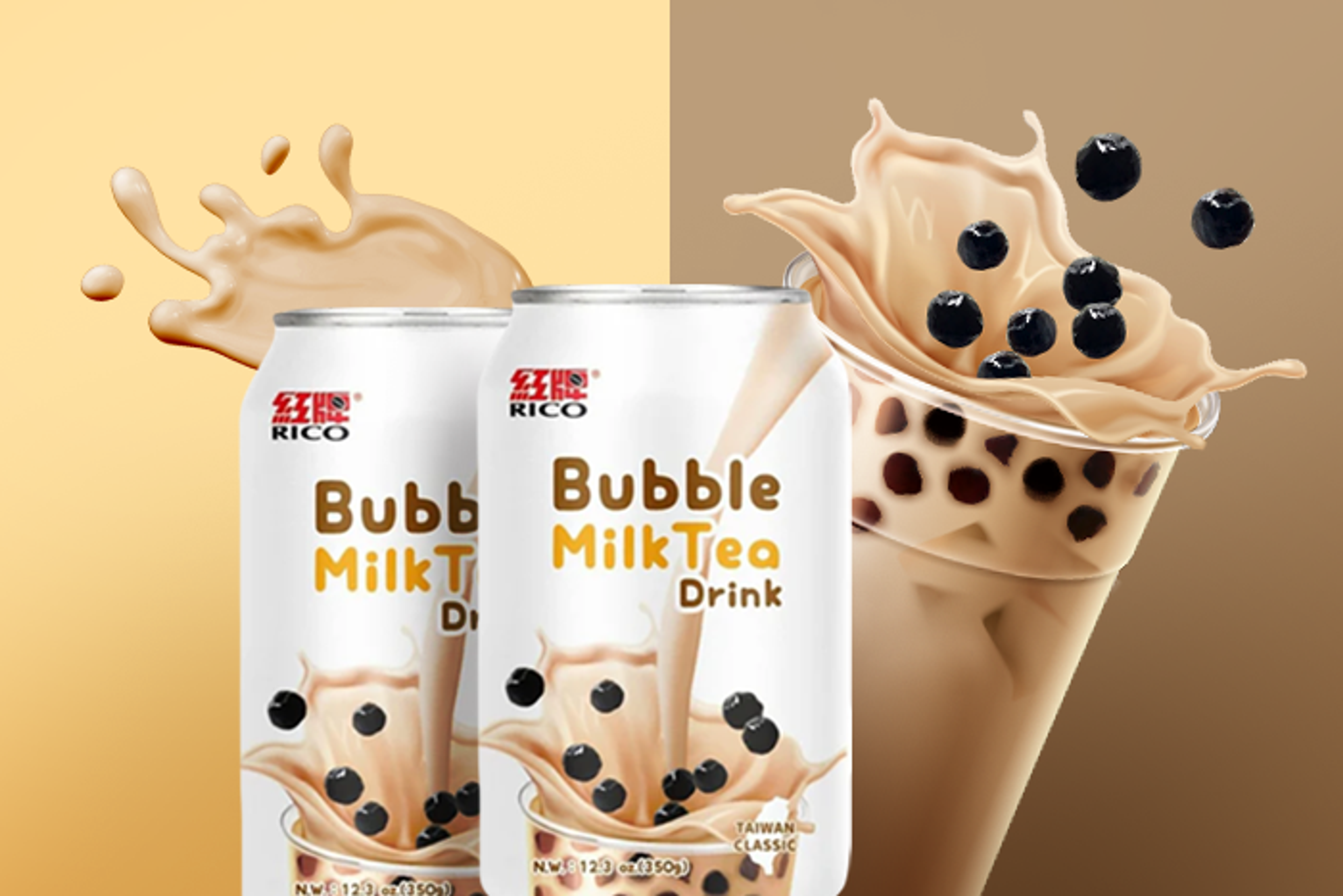 Ein Glas Rico Bubble Tea Getränk Milchtee, eisgekühlt serviert.