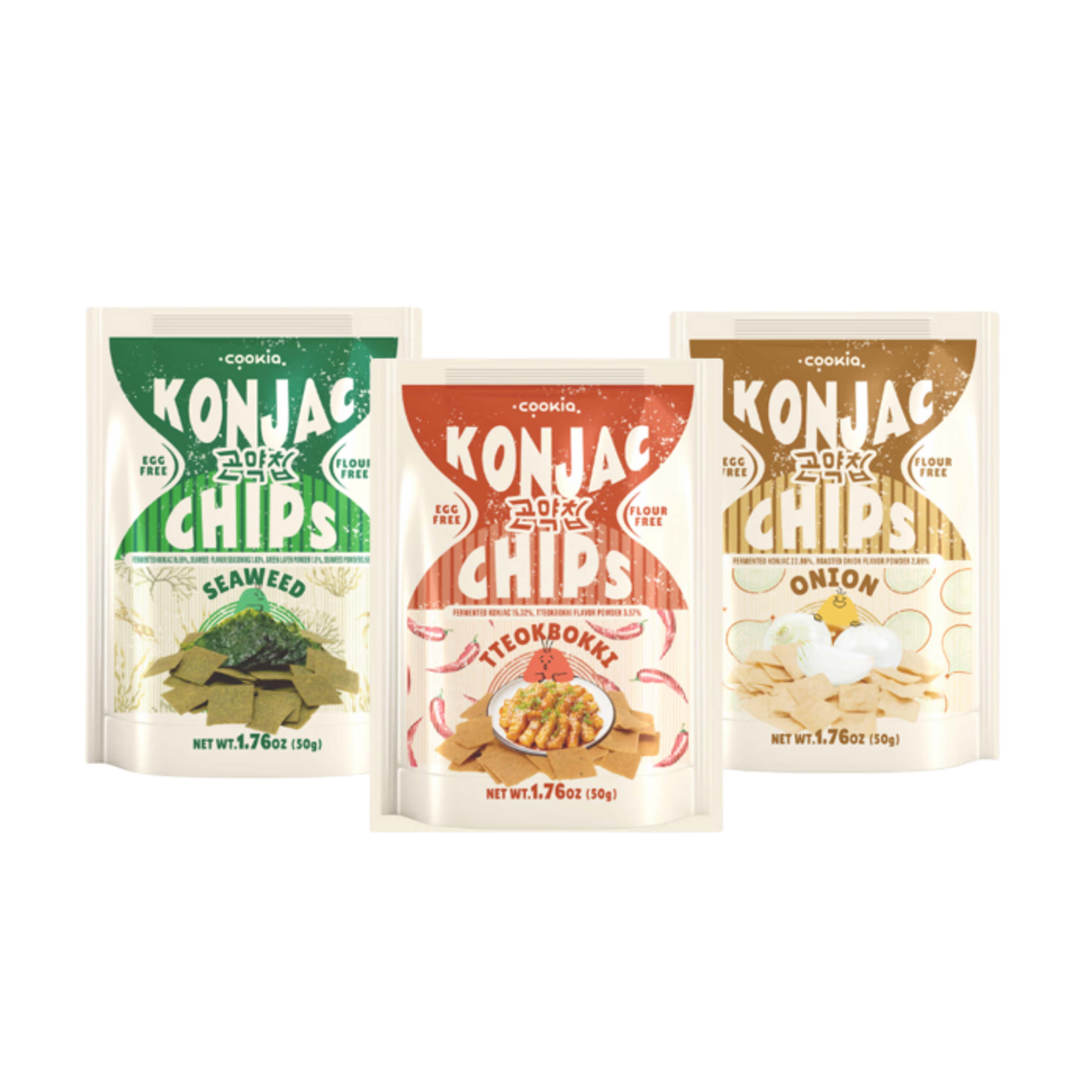 COOKIA Konjac Chips 3er-Set | Meeresalgen, Tteokbokki, Zwiebel | Veganer Koreanischer Snack ohne Mehl & Eier | Dreifach im Ofen gebacken & knusprig leicht