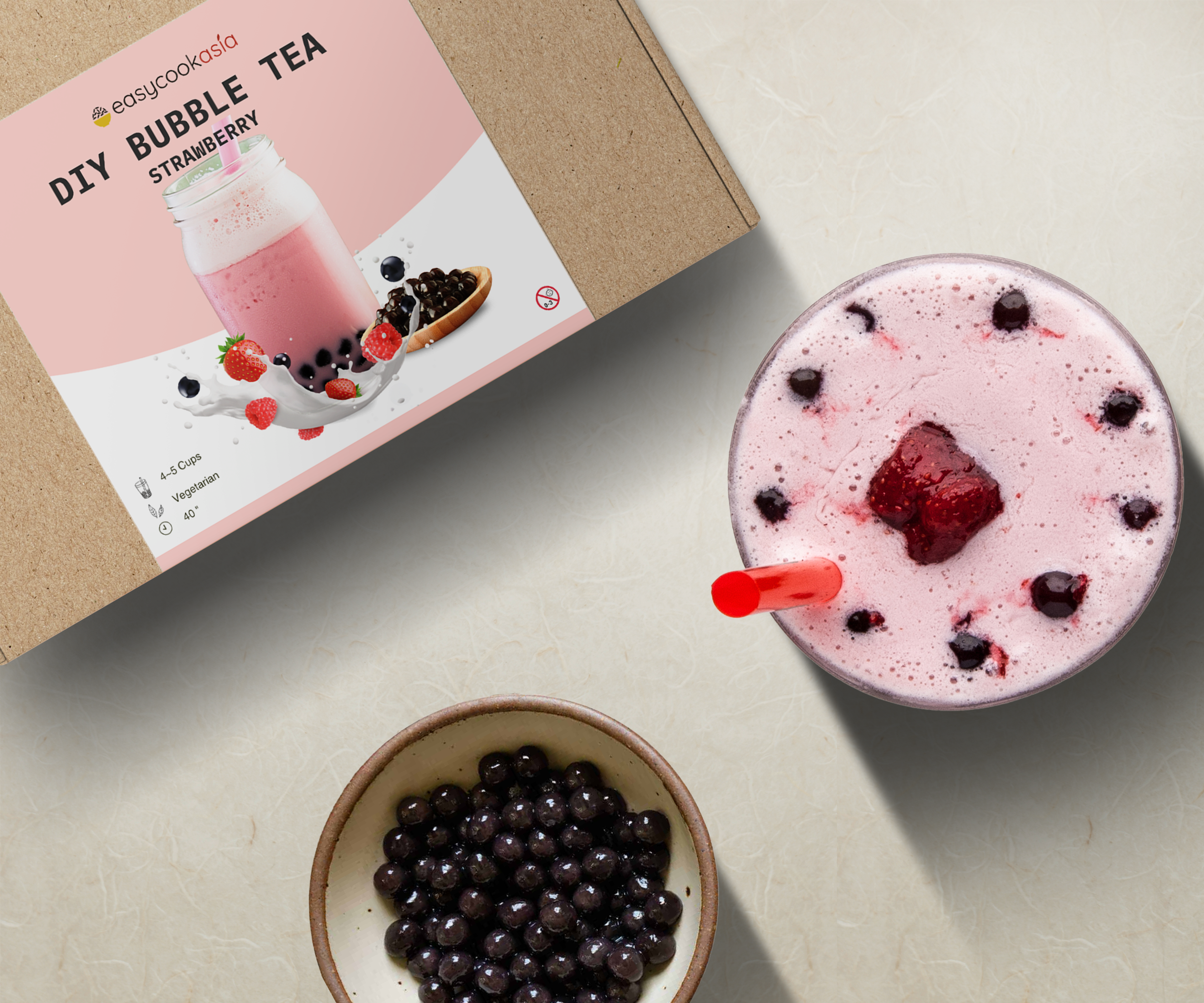 Nahaufnahme der Zutaten im DIY Bubble Tea Strawberry Kit: Zeigt die hochwertigen Zutaten.