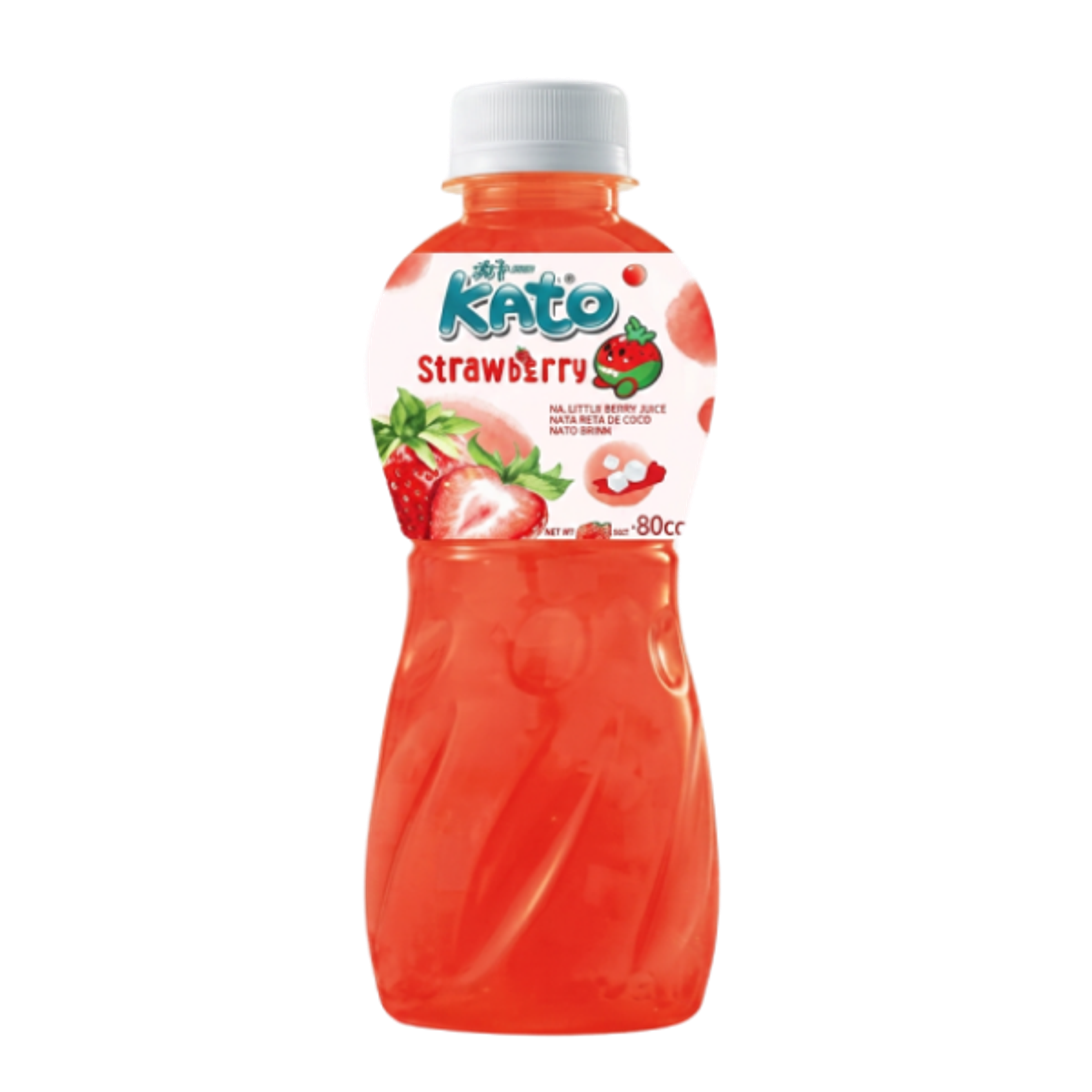 Vorderansicht der KATO Erdbeersaft mit Nata De Coco 320ml Flasche.
