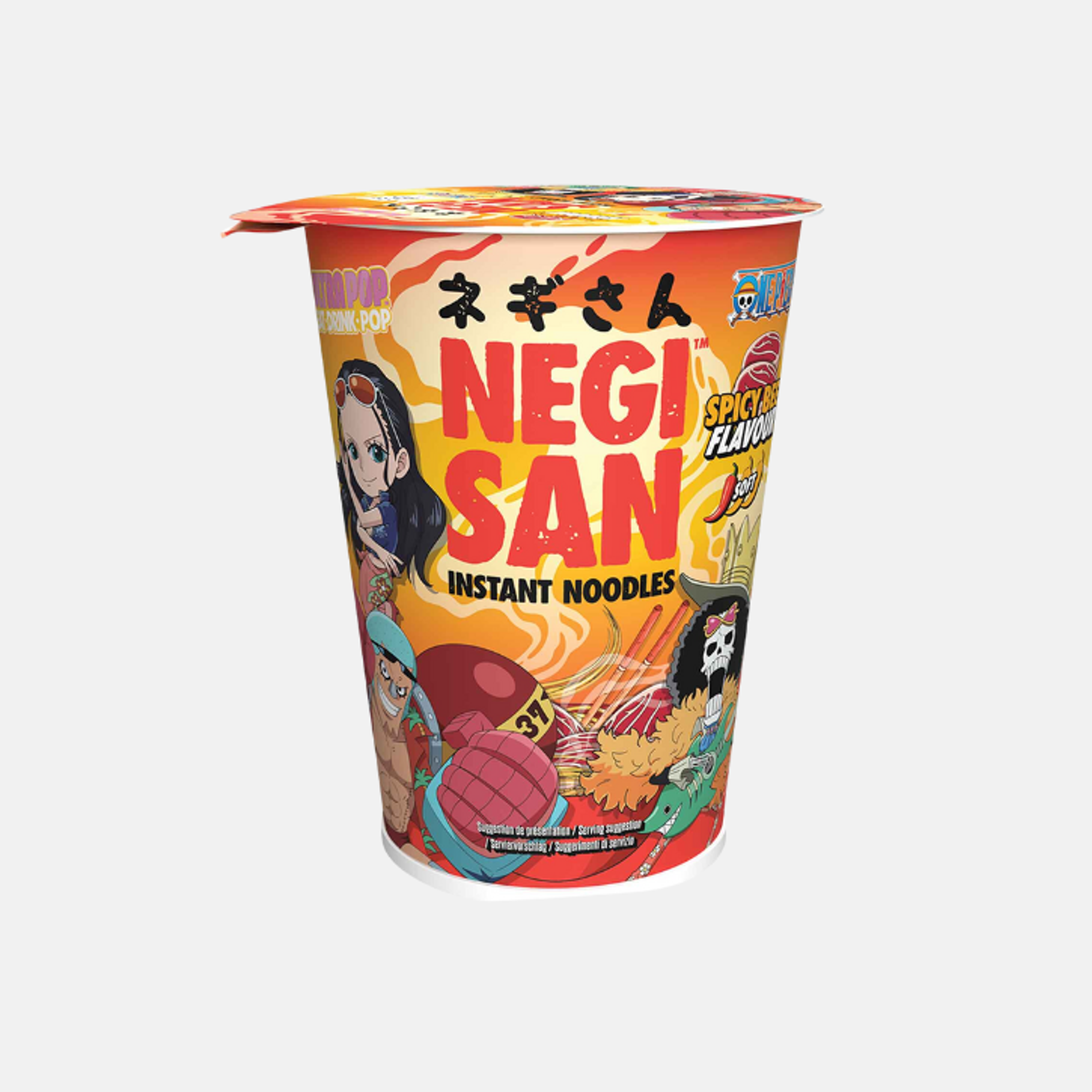 One Piece Negisan Instant Noodles Spicy Beef Cup 65g - Scharfe Rindfleisch-Nudeln mit One Piece Charakteren