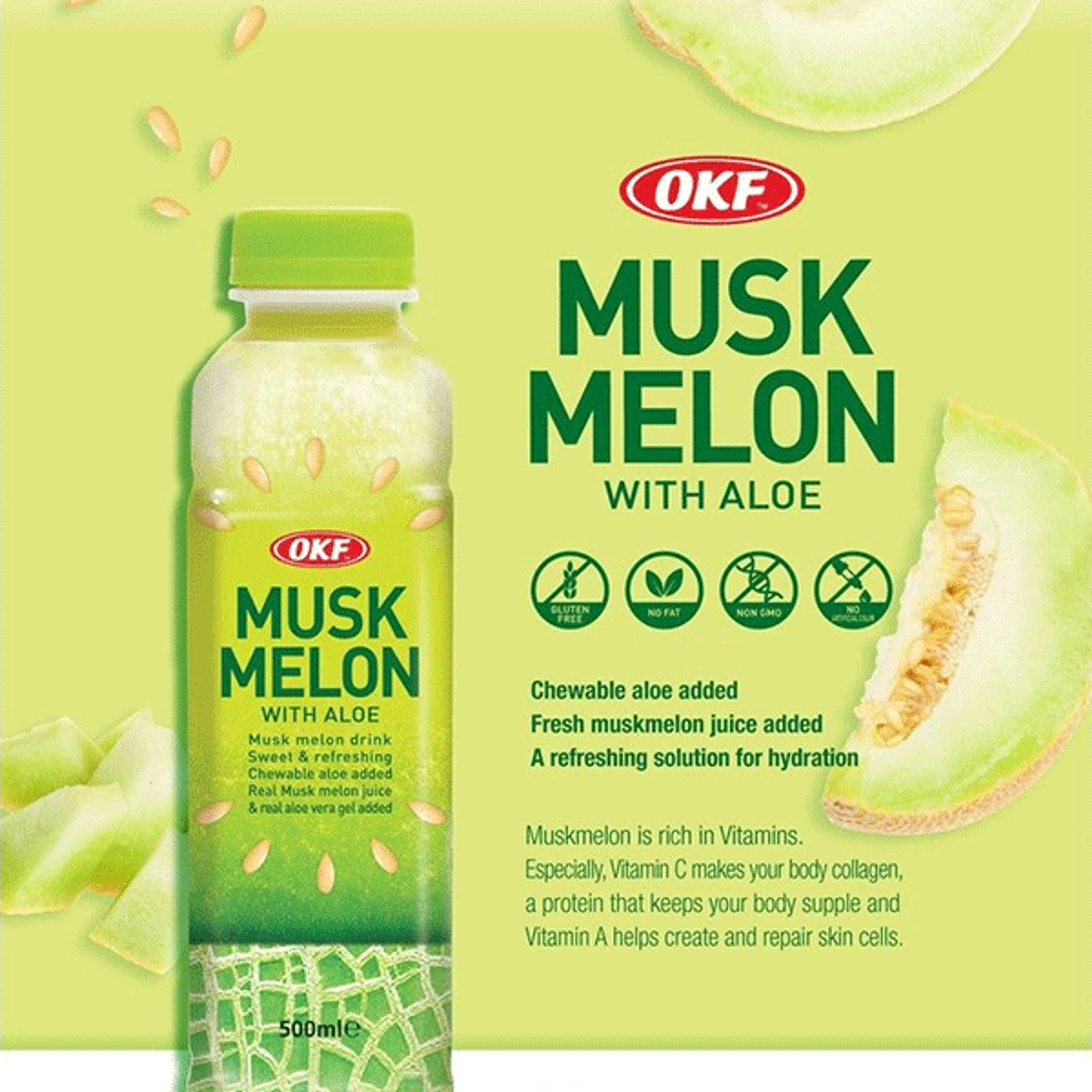 OKF Aloe Vera Drink Musk Melon 500ml - Refreshing Drink with Aloe and Musk Melon Flavor